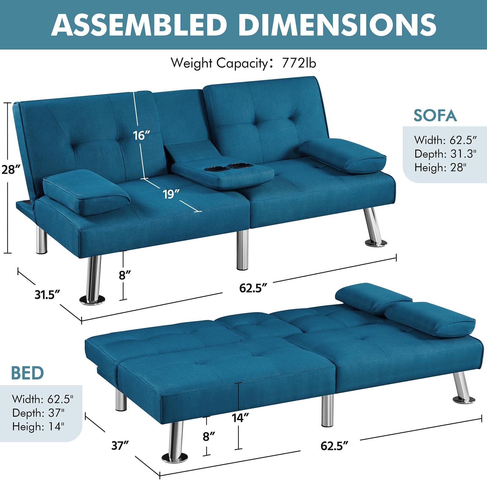 Yaheetech Convertible Sofa Bed Adjustable Fabric Couch Sleeper Modern Recliner Reversible Loveseat Folding Daybed Guest Bed, Removable Armrests, Cup Holders, 3 Angles, 772lb Capacity, Black: Aqua Blue Fabric