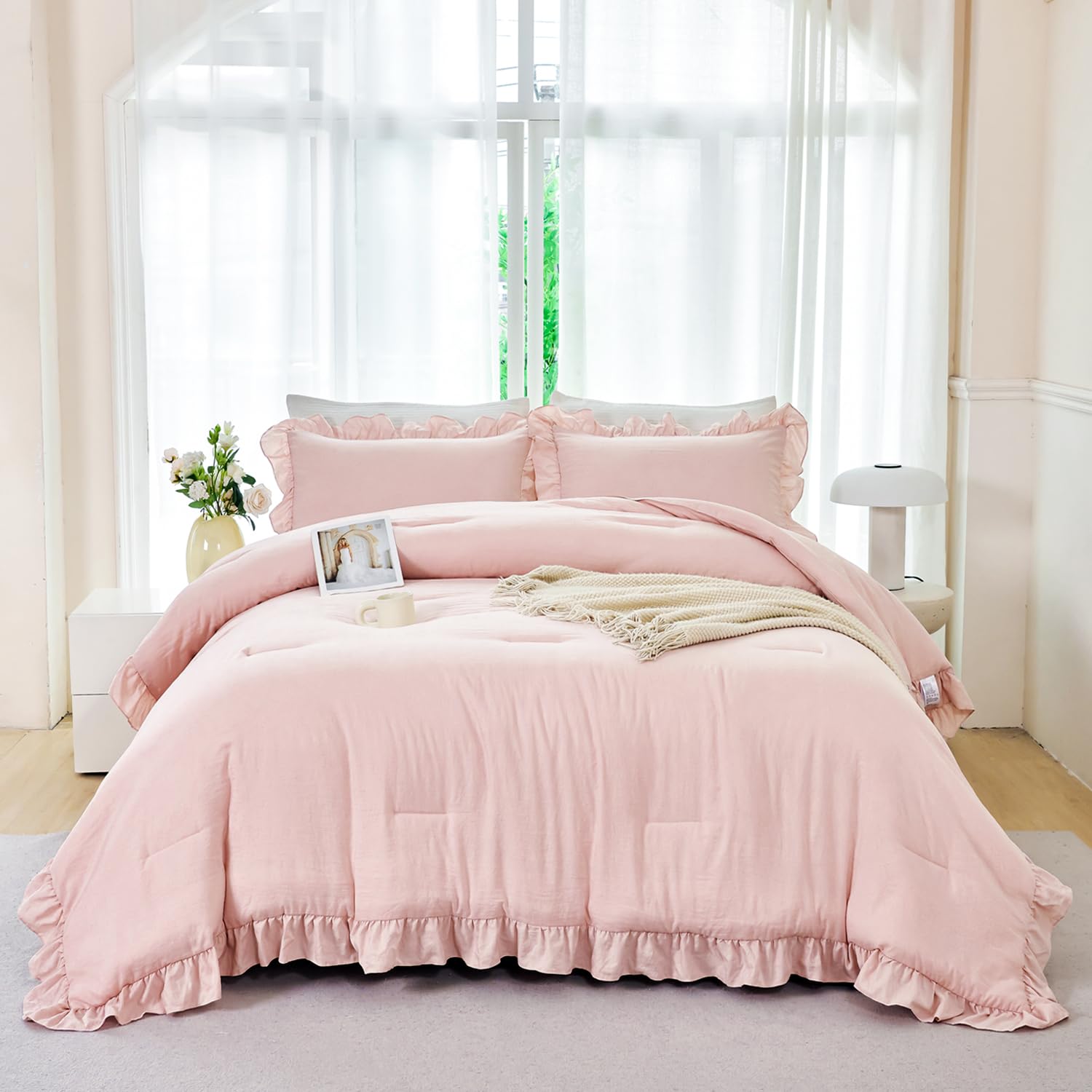ANGIYUIN 5 Pieces Blush Pink Queen Size Comforter Set Ruffle Bedding Sets Soft Farmhouse Bed in A Bag with Sheets Solid Solor Fluffy Bed Sets with