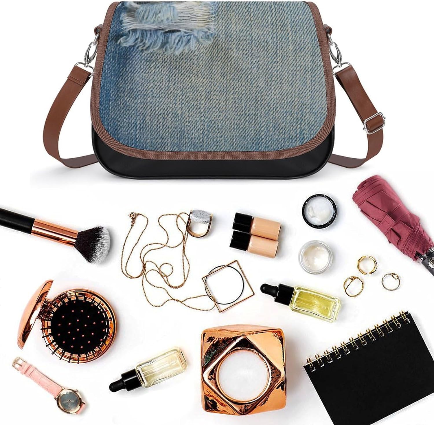 Ripped Denim Blue Jeans with Shredded ThreadsWomen's Faux Leather Crossbody Bag, Waterproof Wrinkle-Resistant Shoulder Bag with Detachable Strap, Large Capacity Casual Handbag, Fashion Daily Purse for