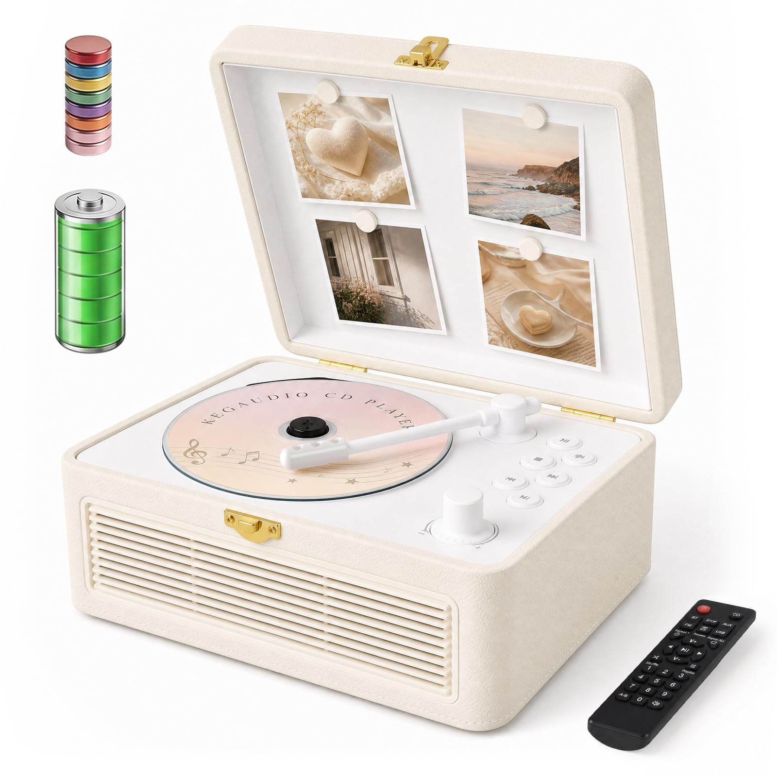 CD Player Portable Bluetooth: Kegaudio CD Players for Home with Speakers 3600mAh Rechargeable & Radio & Remote Control PU Leather Vintage CD-Player Support USB/AUX Playback Headphone Jack-image-2
