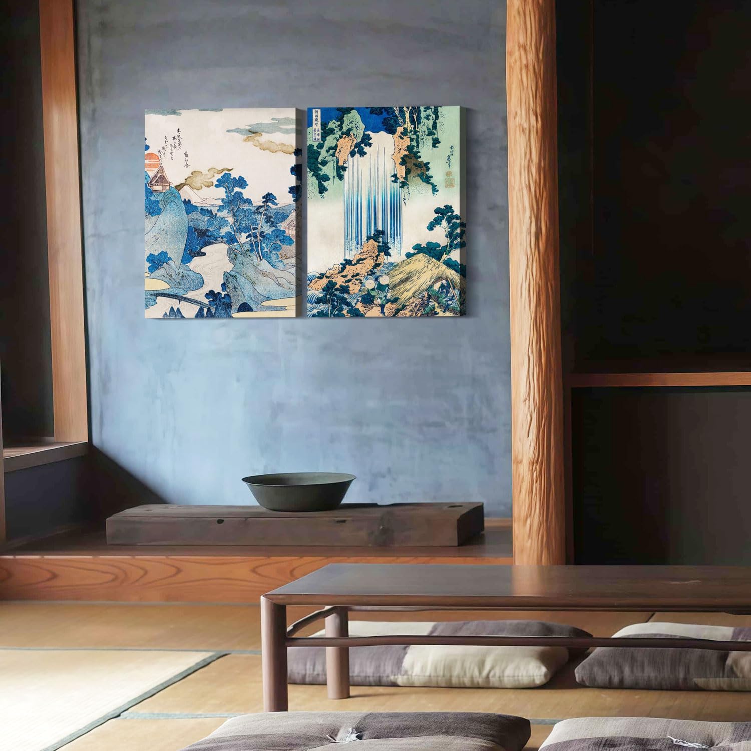 2Pcs Framed Landscape waterfall Japanese Ukiyo-e Wall Art Decor Canvas Print Picture Traditional Woodblock Print Style Poster Gallery Bedroom Living Room Office 16x24 Inch Ready to Hang