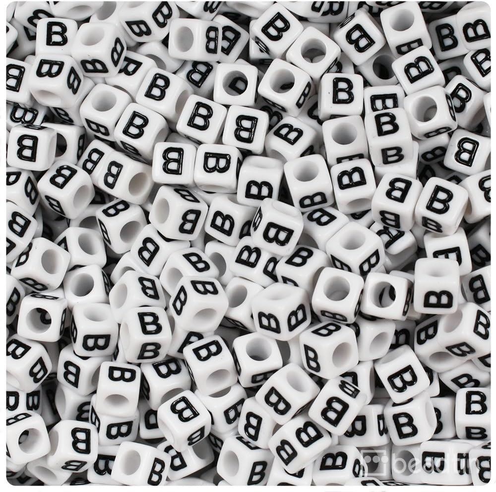 BeadTin White Opaque 6mm Cube Plastic Alphabet Beads- Black Letter "B" (80pcs)