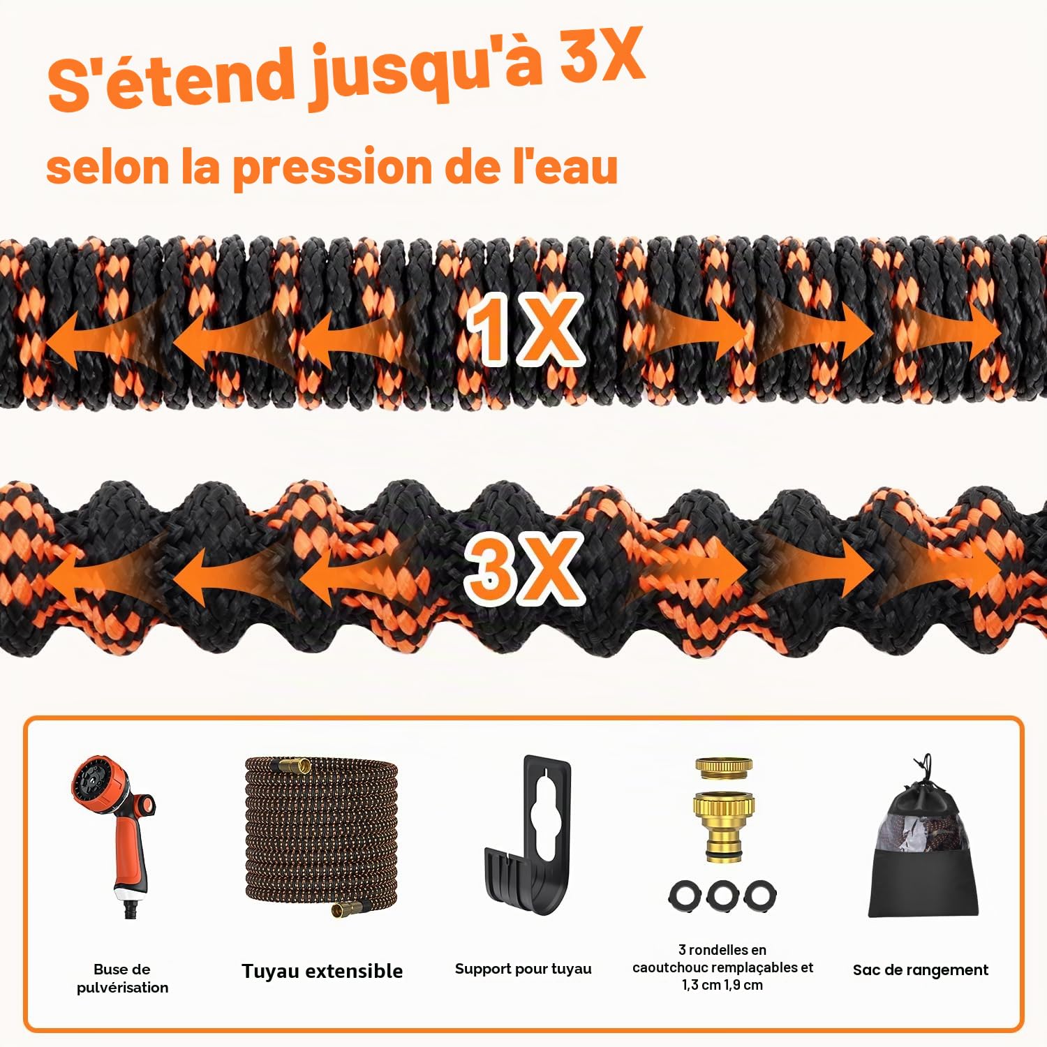 Tuyau d'arrosage 30m, ULTTY Tuyau d’arrosage Extensible avec 1/2" et 3/4" (19mm et 13mm) Adaptateurs, 10 Modes d'Arrosage, Latex Triple Épaisseur Durable avec Raccords en Laiton et Sac, Orange