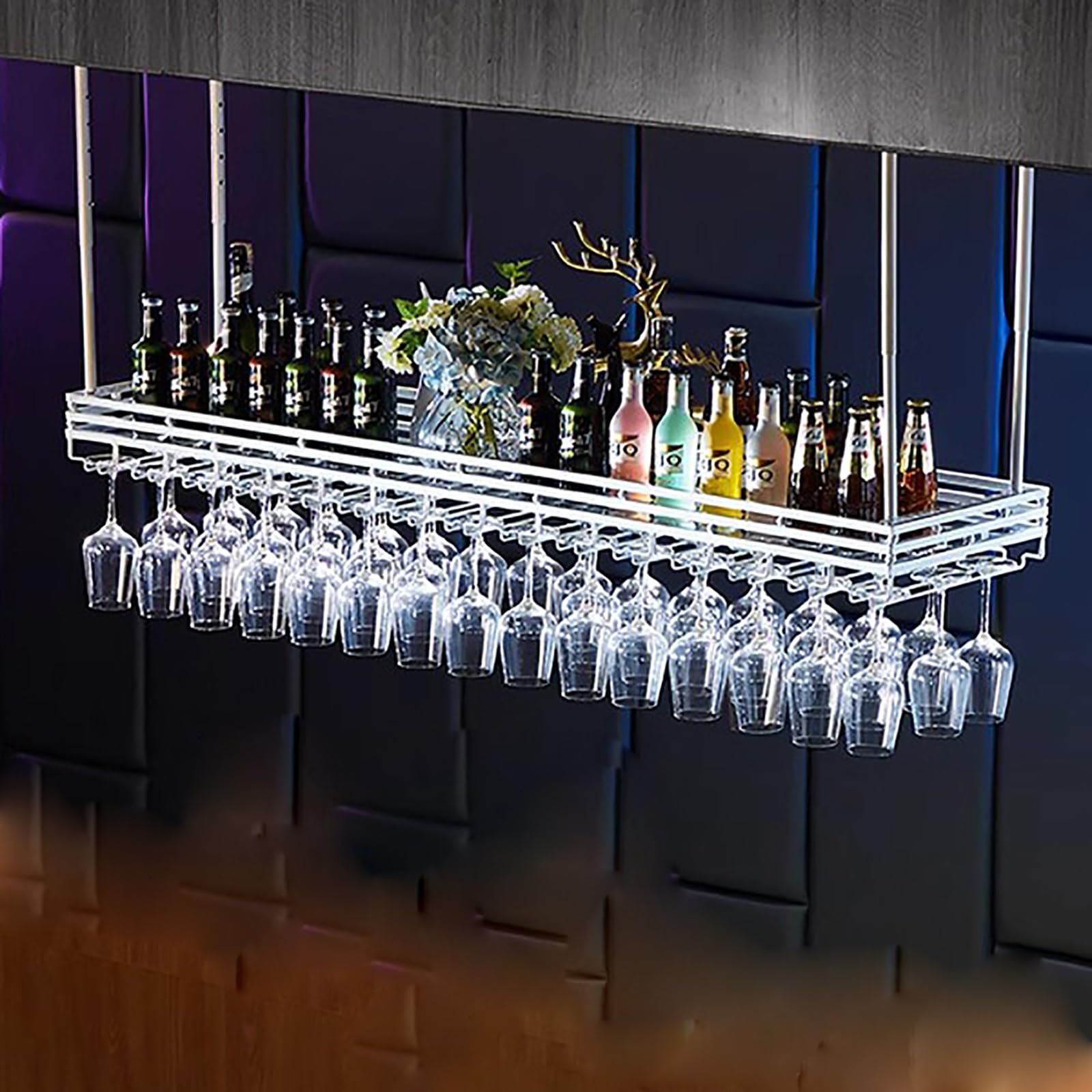 Casiers à vin suspendus au plafond avec support de verre réglable
