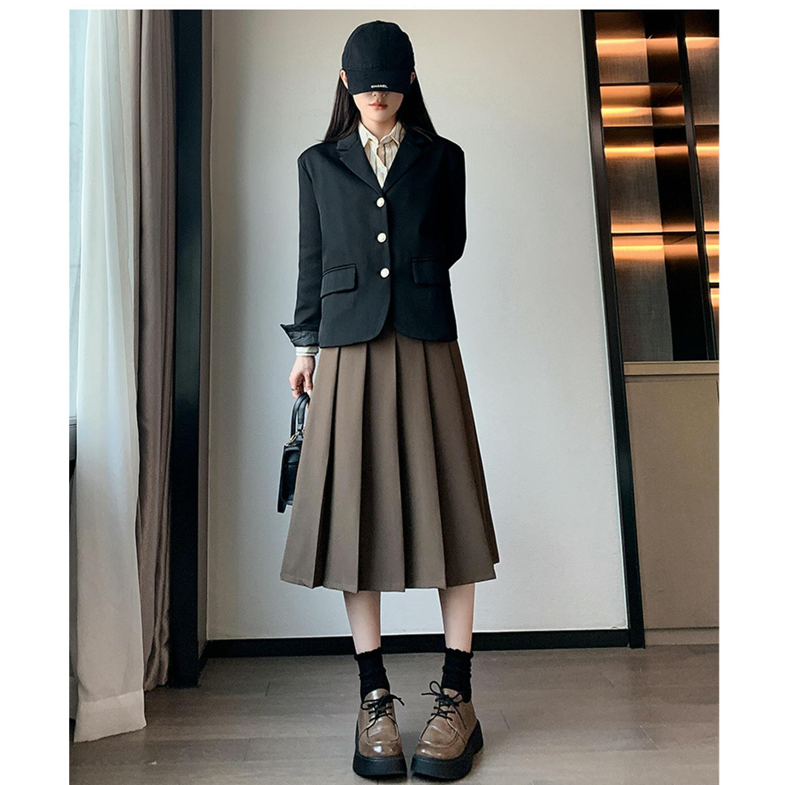 Rock Damen-Retro-Herbst Winter-Loser, Hoch Taillierter A-Linien-Anzug, Mittellanger Faltenrock-kaffeefarbe-XXL