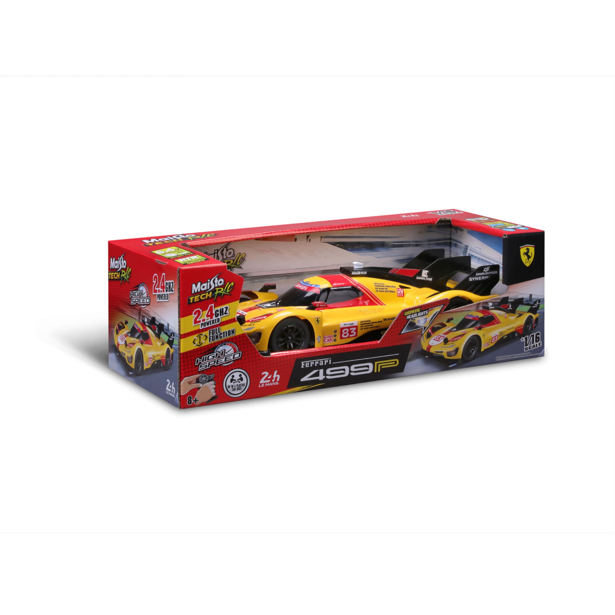 Bburago - Ferrari 499P LMH #83 Le Mans 2024-1/16 - Vehículo controlado por radio 2,4 GHz - Coche RC recargable - Velocidad 13,7 km/h - Modelo reducido realista de carrera, juguete infantil y colección