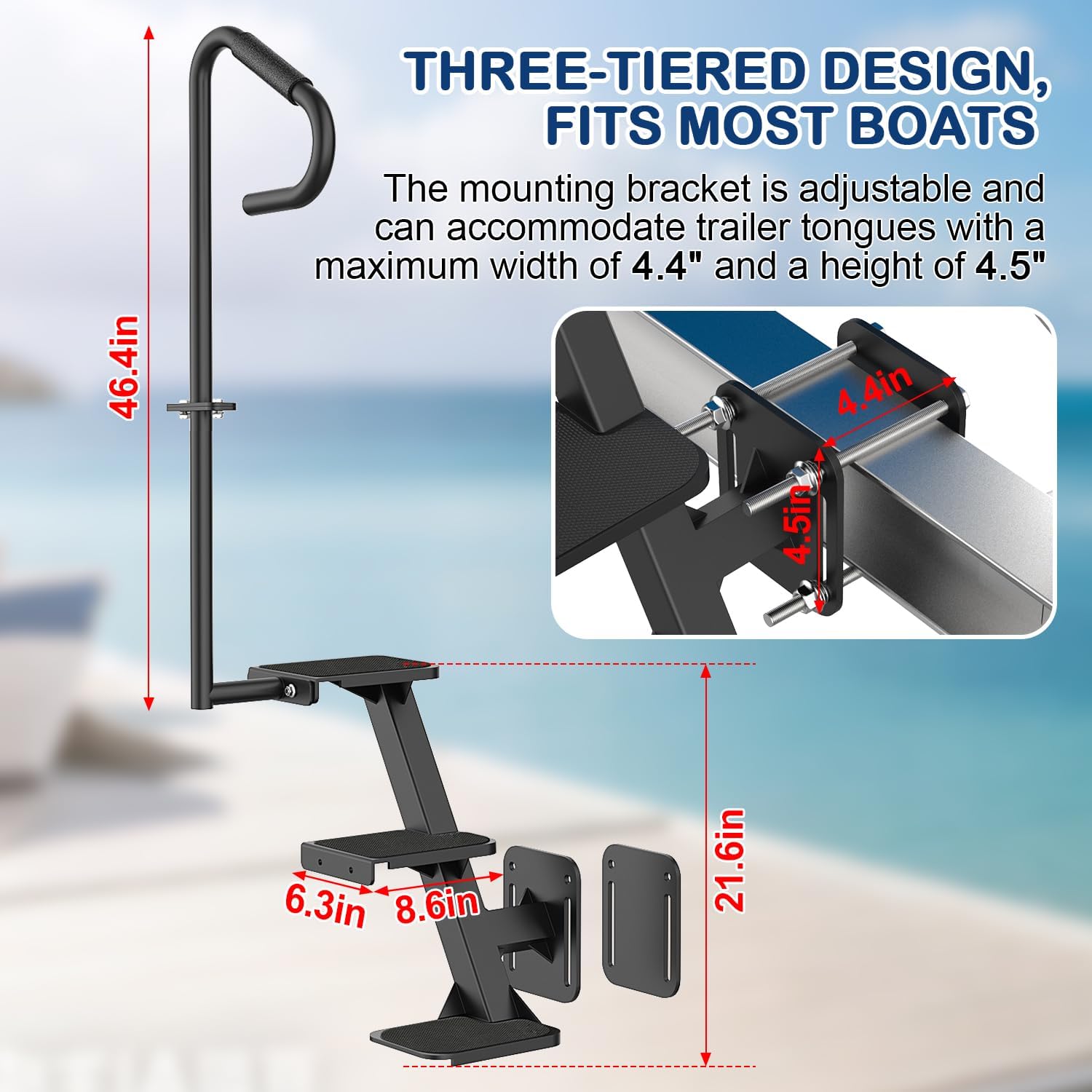 Boat Trailer Steps with Non-Slip Handrail, 3-Step Heavy-Duty Boat Trailer Steps for the Tongue, Hold Up to 450lbs, Adjustable Universal Side Mount for Bass, Pontoon Boats