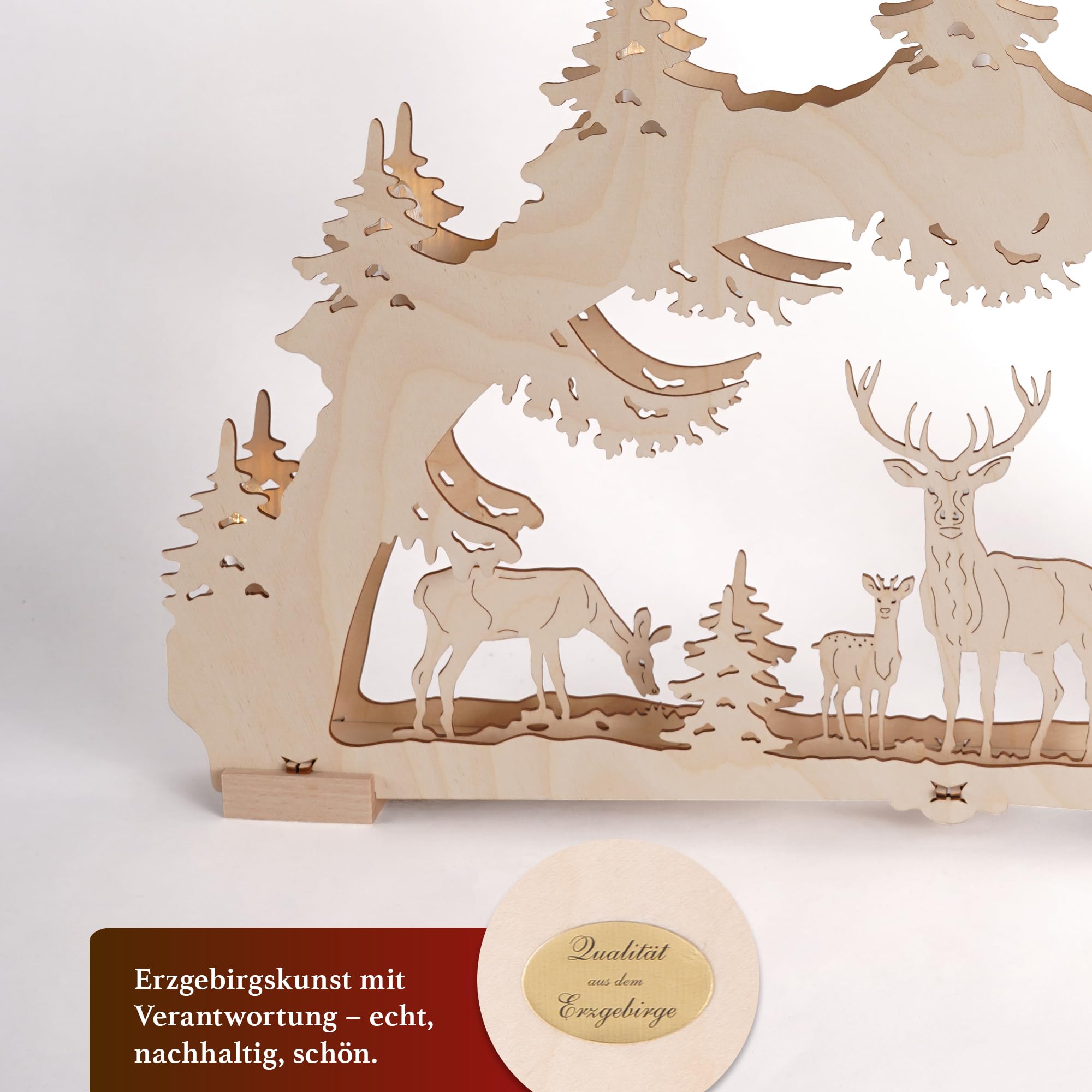 Saico - LED Schwibbogen „Waldlichtung“ Erzgebirge - Lichterbogen mit Timerfunktion - winterliches Design mit Rehen & Hase - ideal als Weihnachtsdeko, Holzkunst aus dem Erzgebirge - Made in Germany