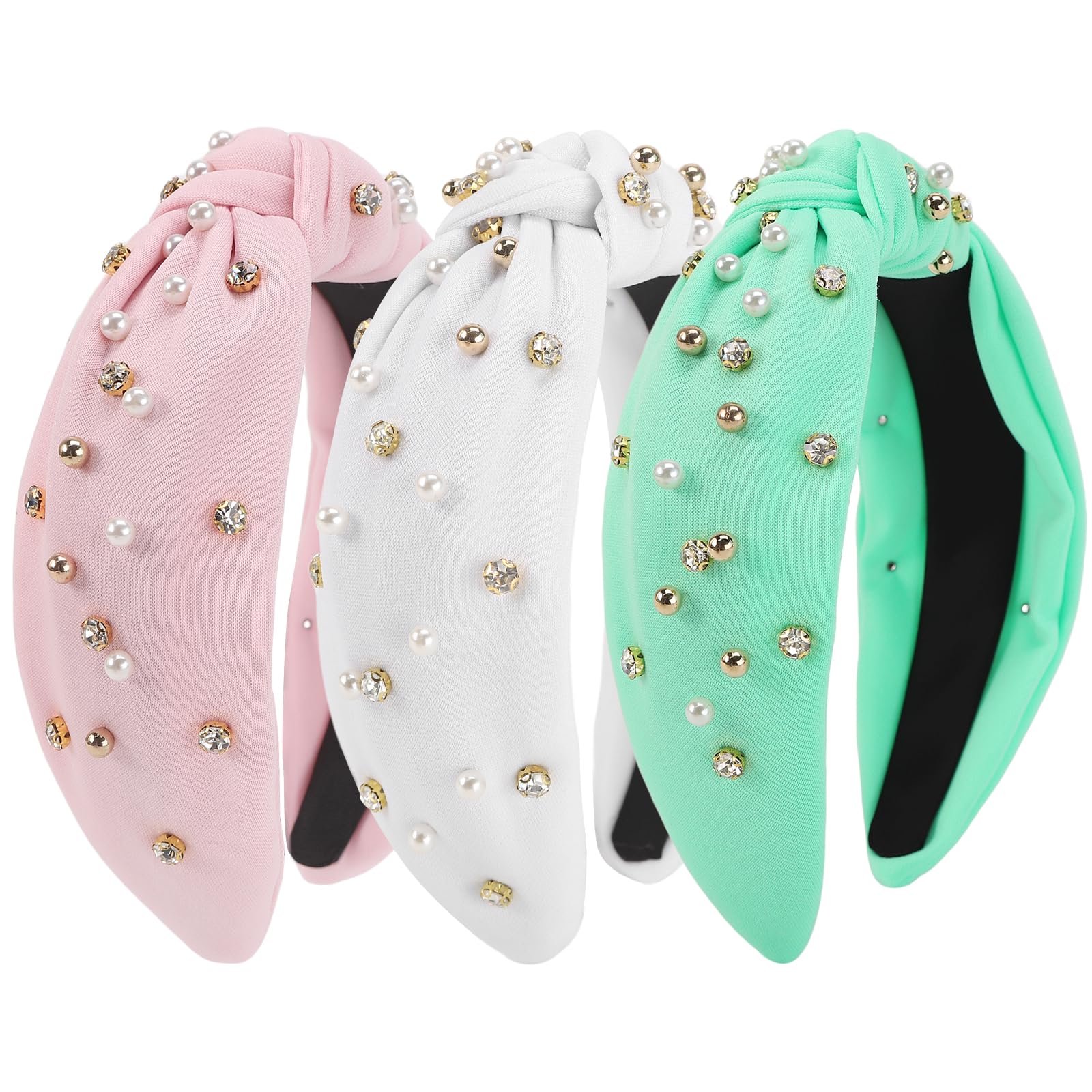 Santoddle 3Pcs Knot Headband for Women Pearl Knotted Head Bands Non Slip Wide Head Band Fashion Head Bands Knot Headband for Women