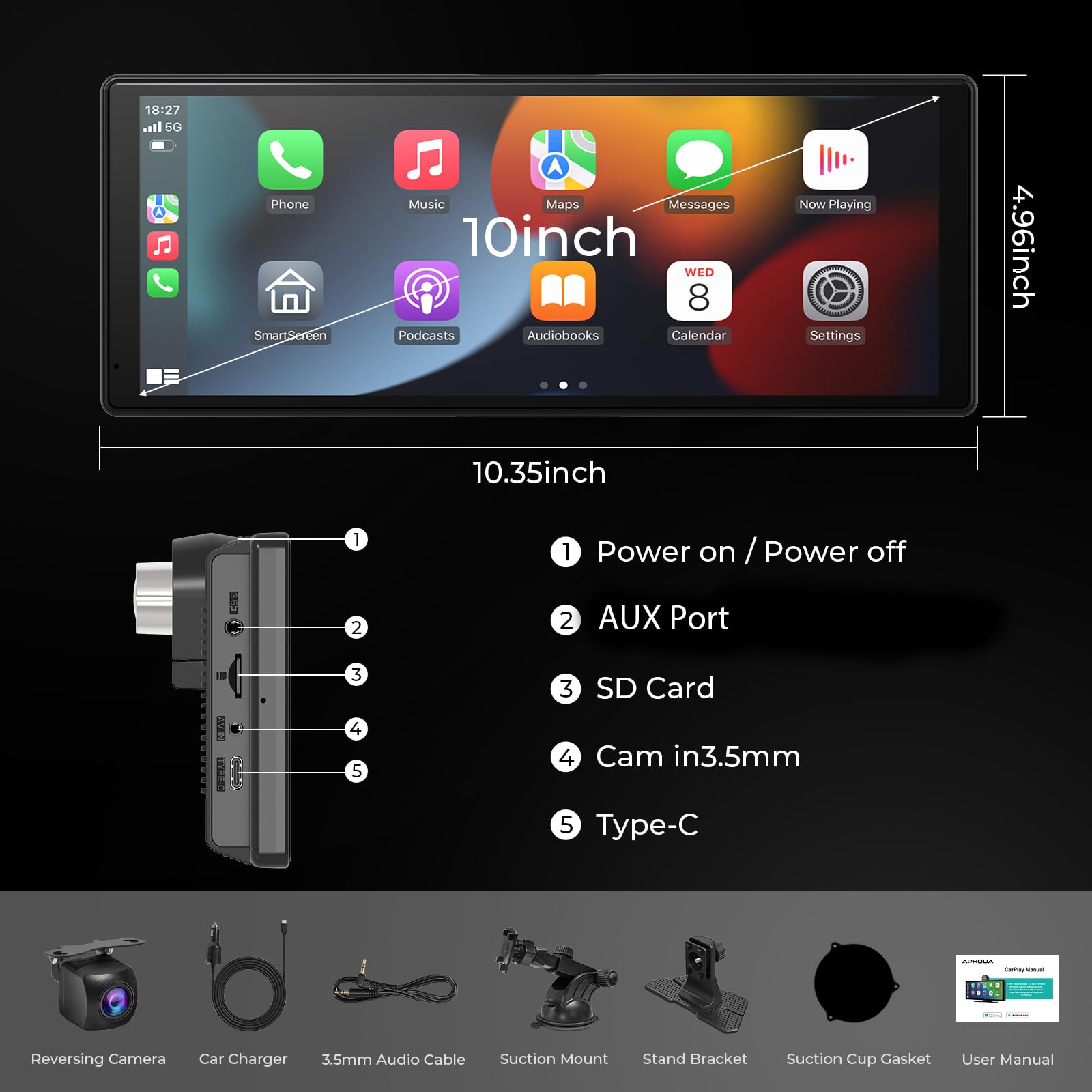 Écran CarPlay 10,26Pouces sans Fil, Dashcam 2,5K, Caméra Arrière 1080P, EQ | Navigation GPS, Bluetooth, FM, AUX, Enregistrement en Boucle, Carte TF 64 Go, Android Auto, Installation Facile