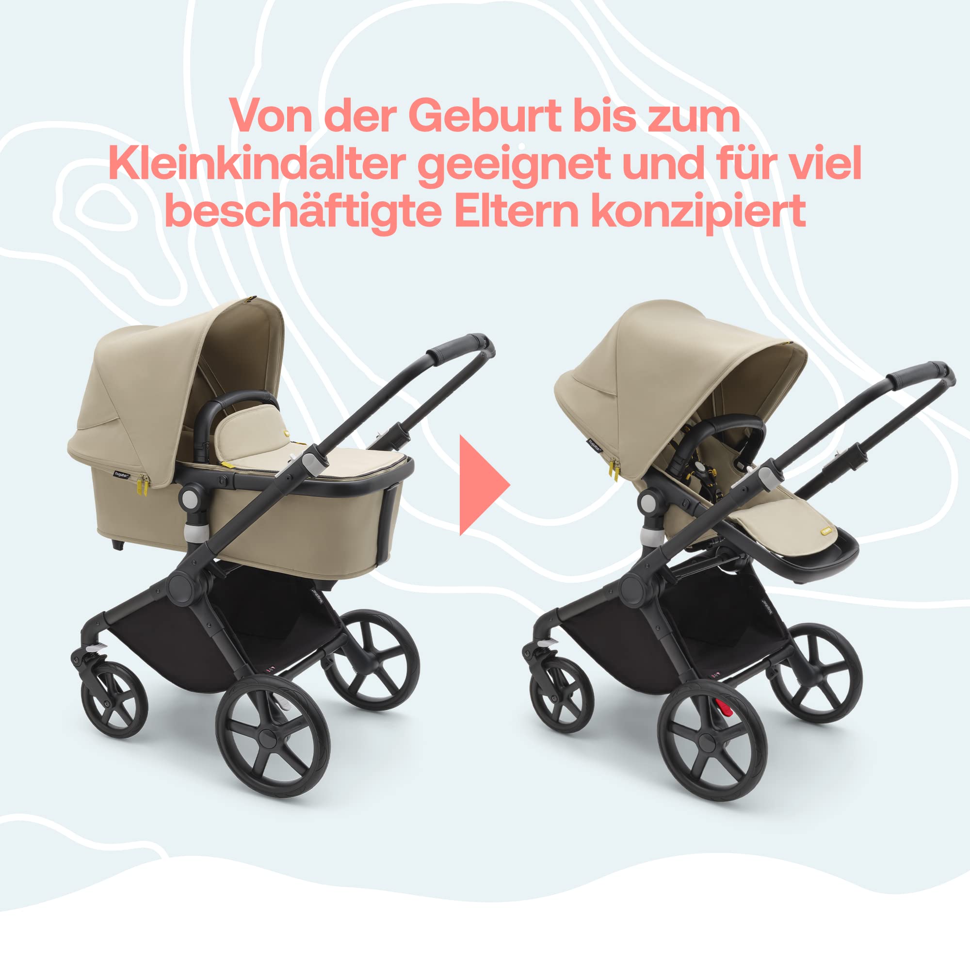 Bugaboo Fox Cub Kinderwagen für jedes Gelände, leichter stabiler Kinderwagen, strapazierfähiges Design, extragroßes Sonnendach, selbststehend faltbar, Desert Beige