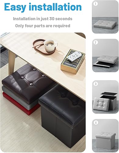 Miniatura 7 de AmasSmile Taburete otomano de almacenamiento, reposapiés plegable de cuero de 17 pulgadas, taburete otomano corto gris, almacenamiento reposapiés,