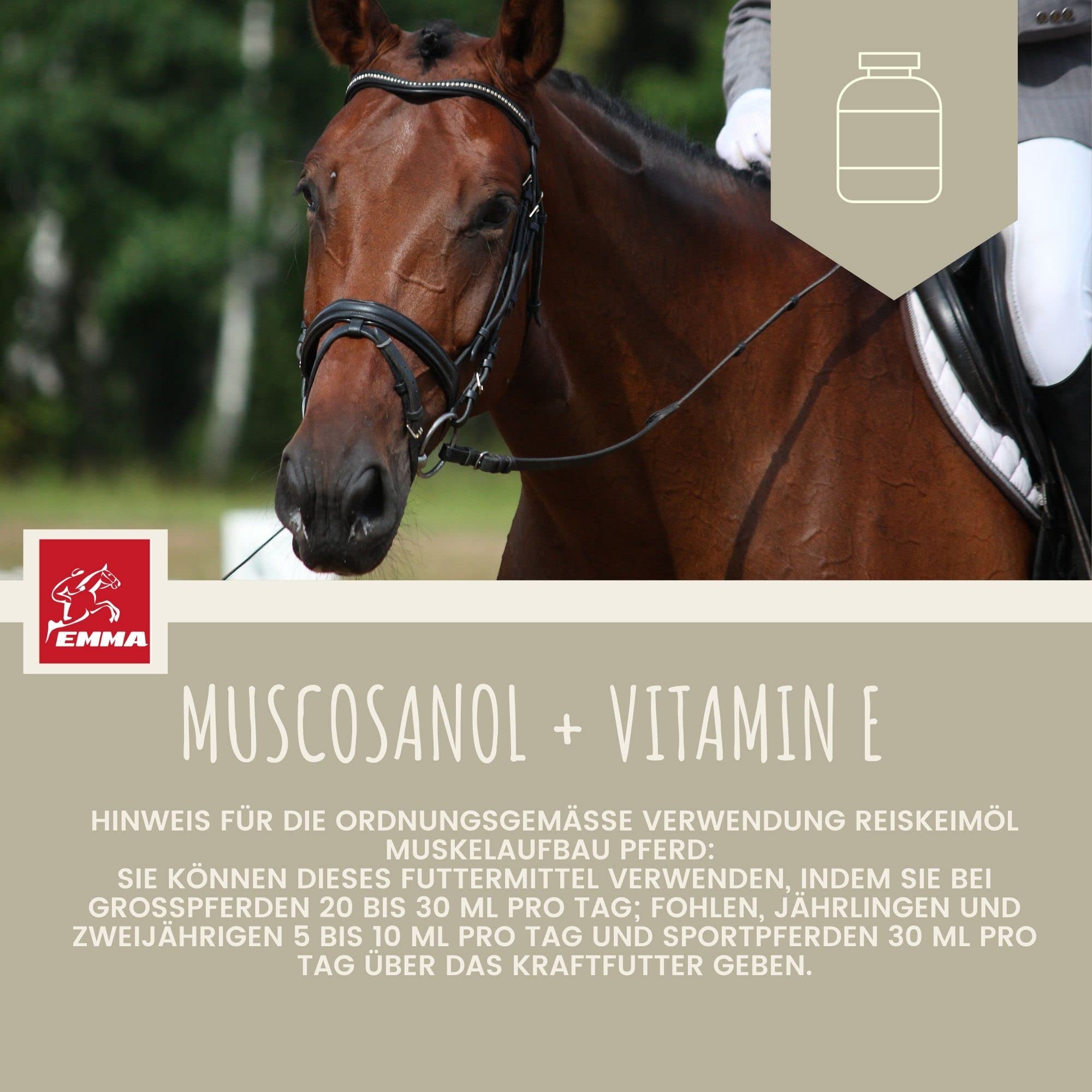 Líquido de Refuerzo Muscular para Caballos con Aceite de Germen de arroz Vitamina E Caballo Aceite de linaza I alimento reconstituyente I vitaminas alimento suplementario para el Refuerzo Muscular 1L