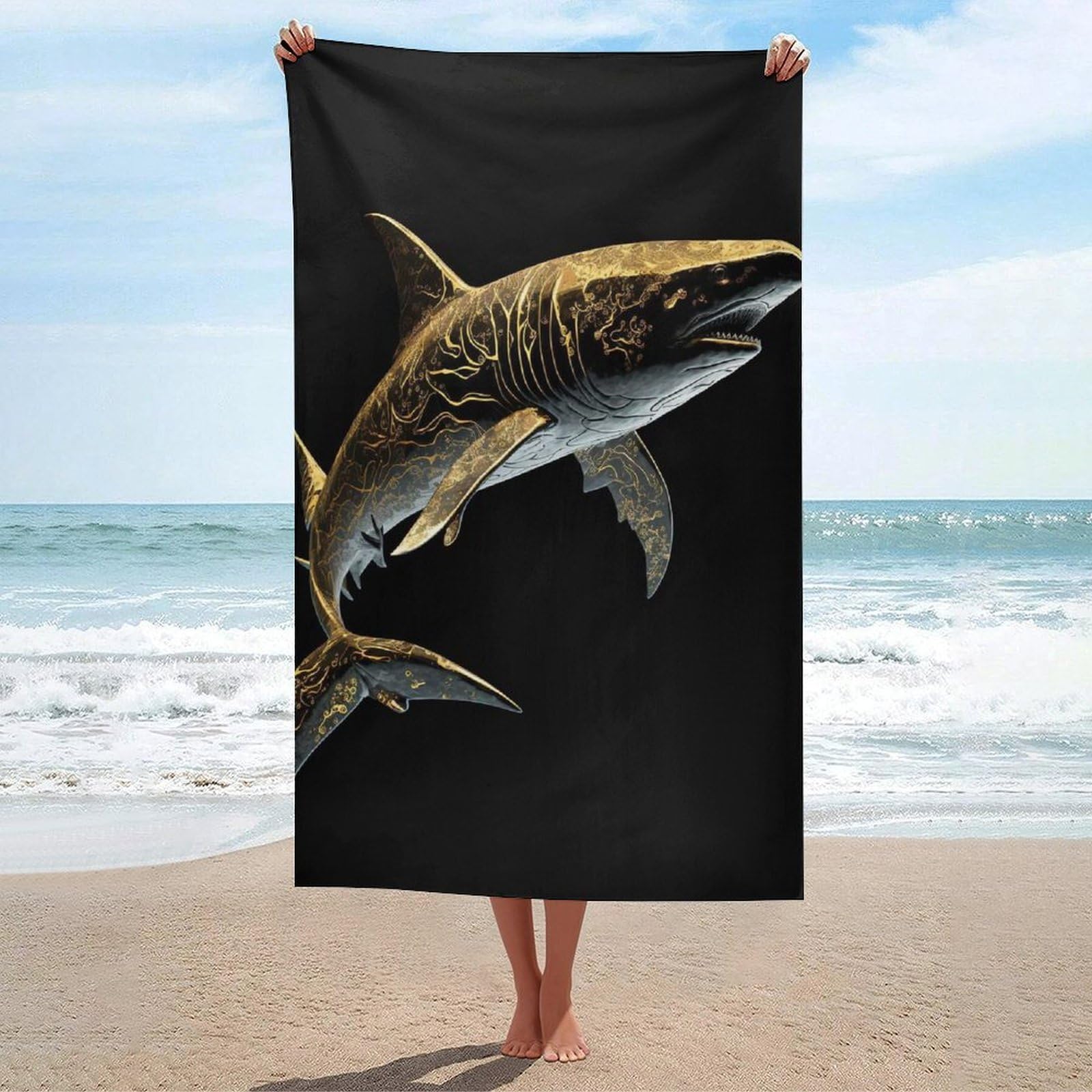 Serviette de plage anti-sable grand requin design or et noir drap de bain compact outdoor