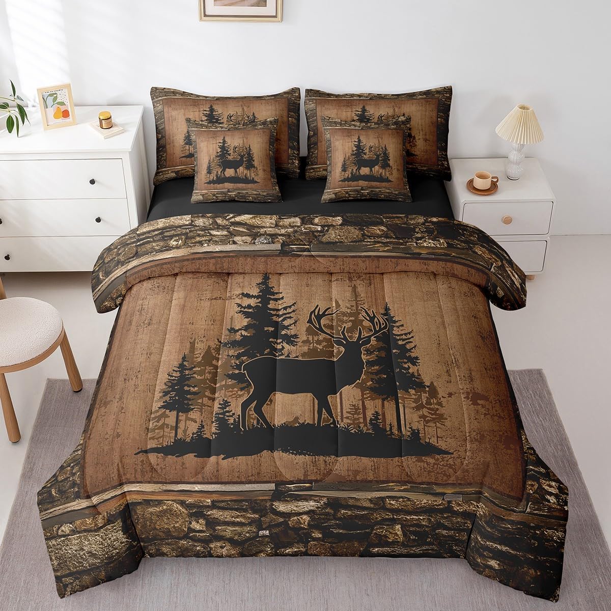 Feelyou Deer Comforter Set with Sheets - Queen Size 7 Piece Kids Rustic Hunting Bedding Set - Cabin Lodge Deer Bed in a Bag - Farmhouse Nature Wildlife Antlers Brown Bed Set