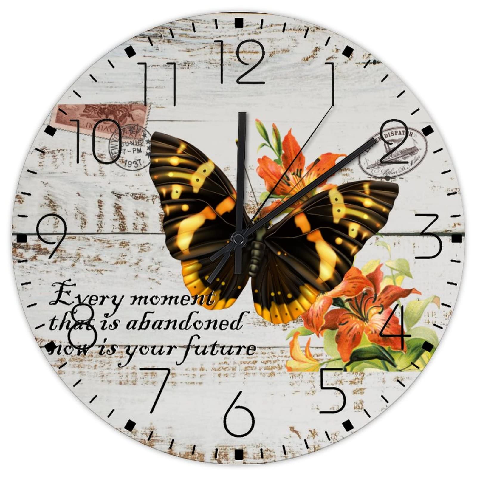 Horloge murale en bois rétro de 30 cm avec papillons colorés et mécanisme silencieux à quartz