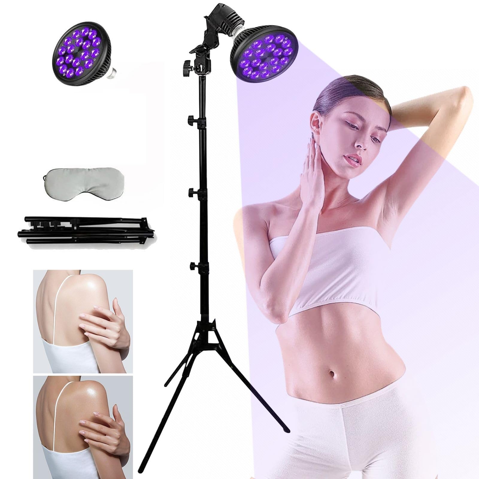 Lámpara de bronceado facial, altura ajustable de 38.5 a 78.7 pulgadas, rotación de 180°, 18 luces LED de 395 nm, lámpara solar autobronceadora para el hogar, belleza, salón, cara y cuerpo, con máscara
