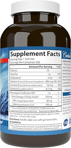 Miniatura 8 de Carlson - Gemas de aceite de hígado de bacalao súper 1000 mg 250 mg de omega-3s  vitaminas A y D3 aceite de hígado de codillo noruego capturado en