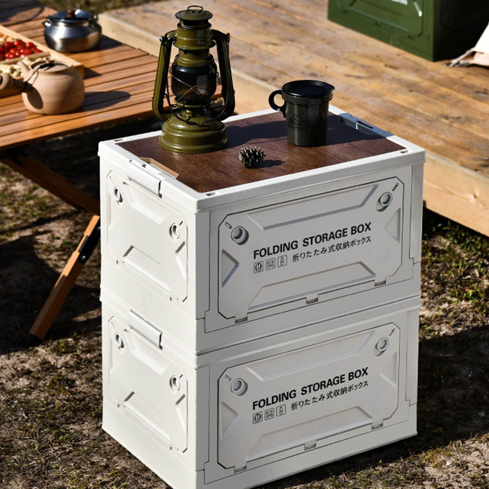 Ejoyous Scatola Portaoggetti da Campeggio con Coperchio in Legno, Scatola da da Campeggio da 50 Litri Scatola da Campeggio con Baule a 4 Ruote, Pieghevole, per Auto, Campeggio,