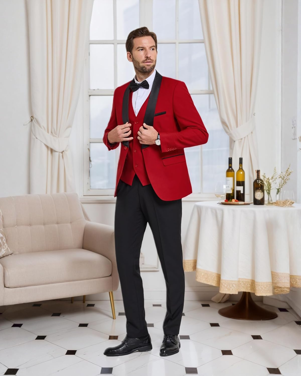 YND Men's 3 Piece Slim Fit Tuxedo Suit Set, One Button Shawl Lapel Solid Blazer, Jacket Vest Pants with Bow Tie - Image 2