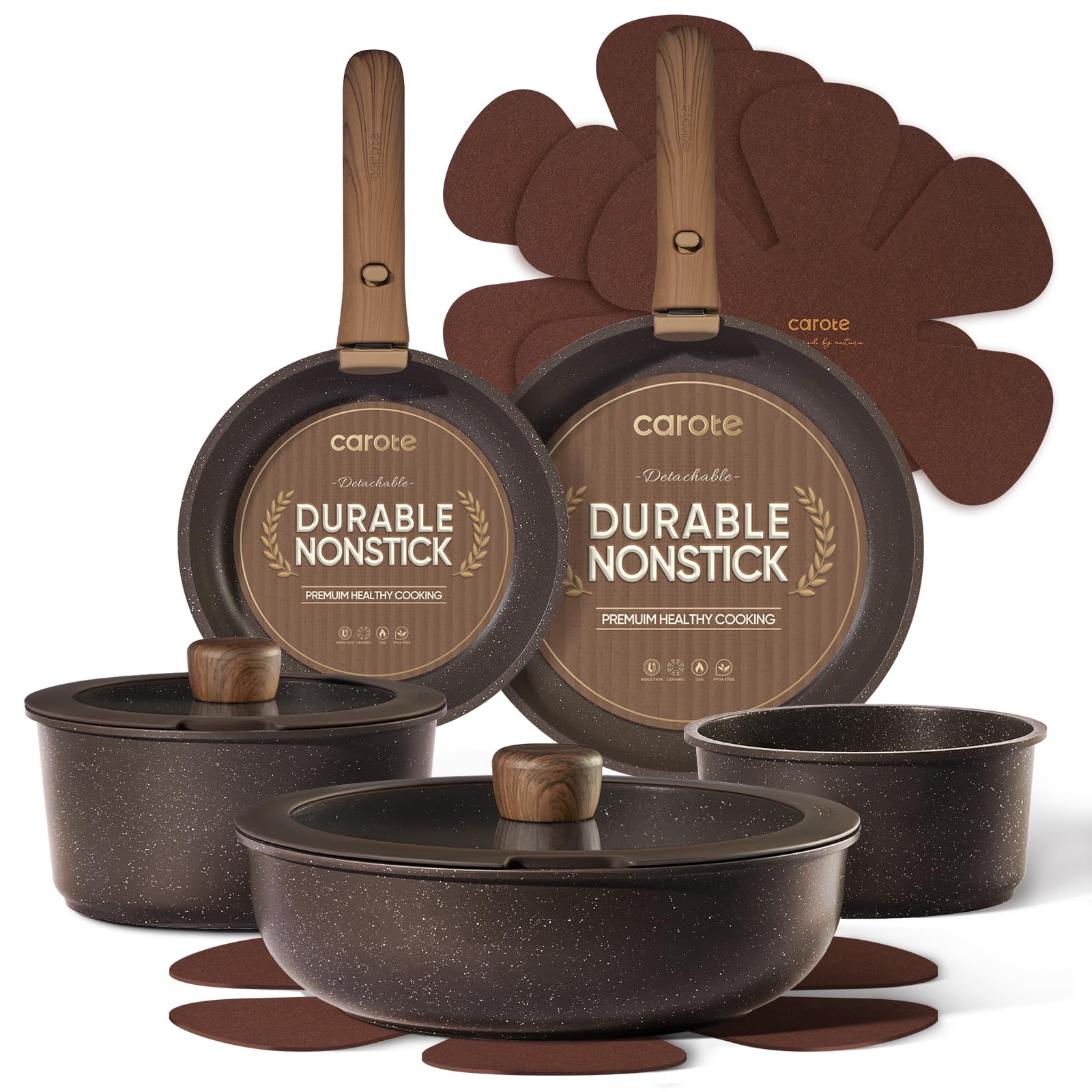 CAROTE 13-Piece Pots and Pans Set Non Stick with Detachable Handle,Brown,