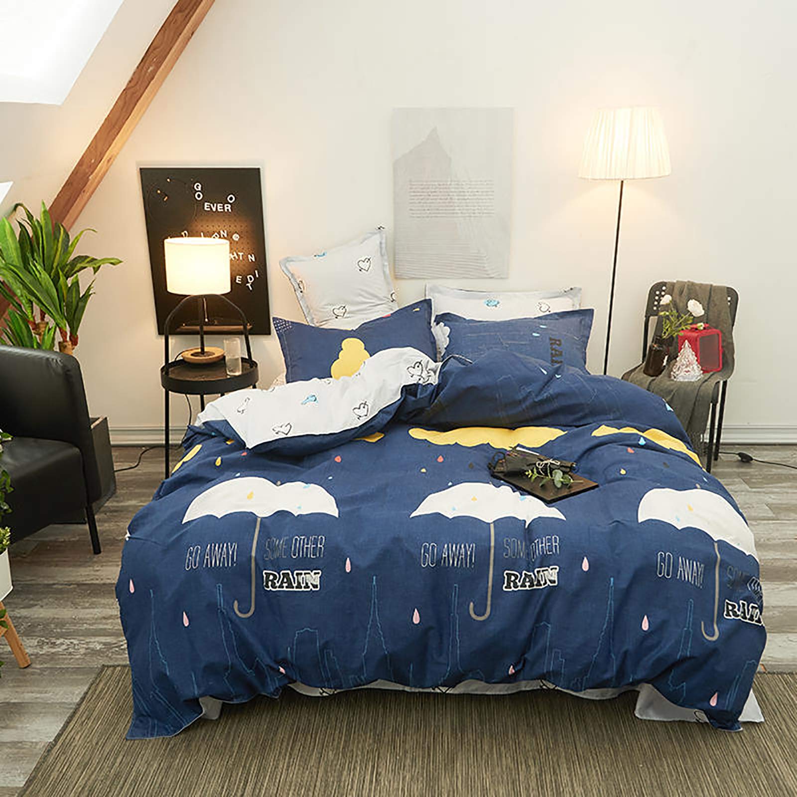 Ensemble couverture de couette 3 pcs coton anti-transpiration lettres d'amour réversible