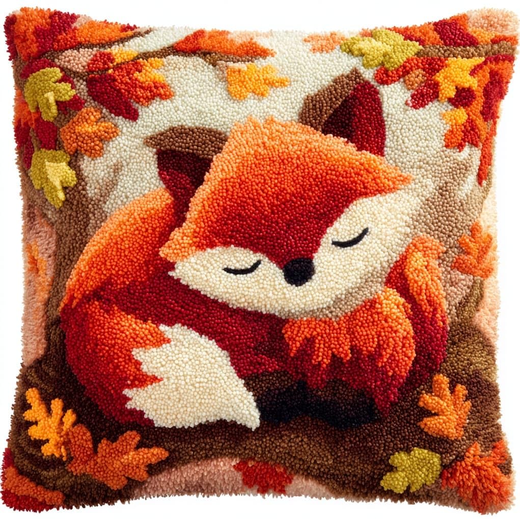 WallustrioaW Latch Hook Pillowcase Cushion Kits,Forest Little Fox,Latch Hook kit Cushion Throw Pillow Embroidery Craft for Beginner Hobby & Craft,17x17in
