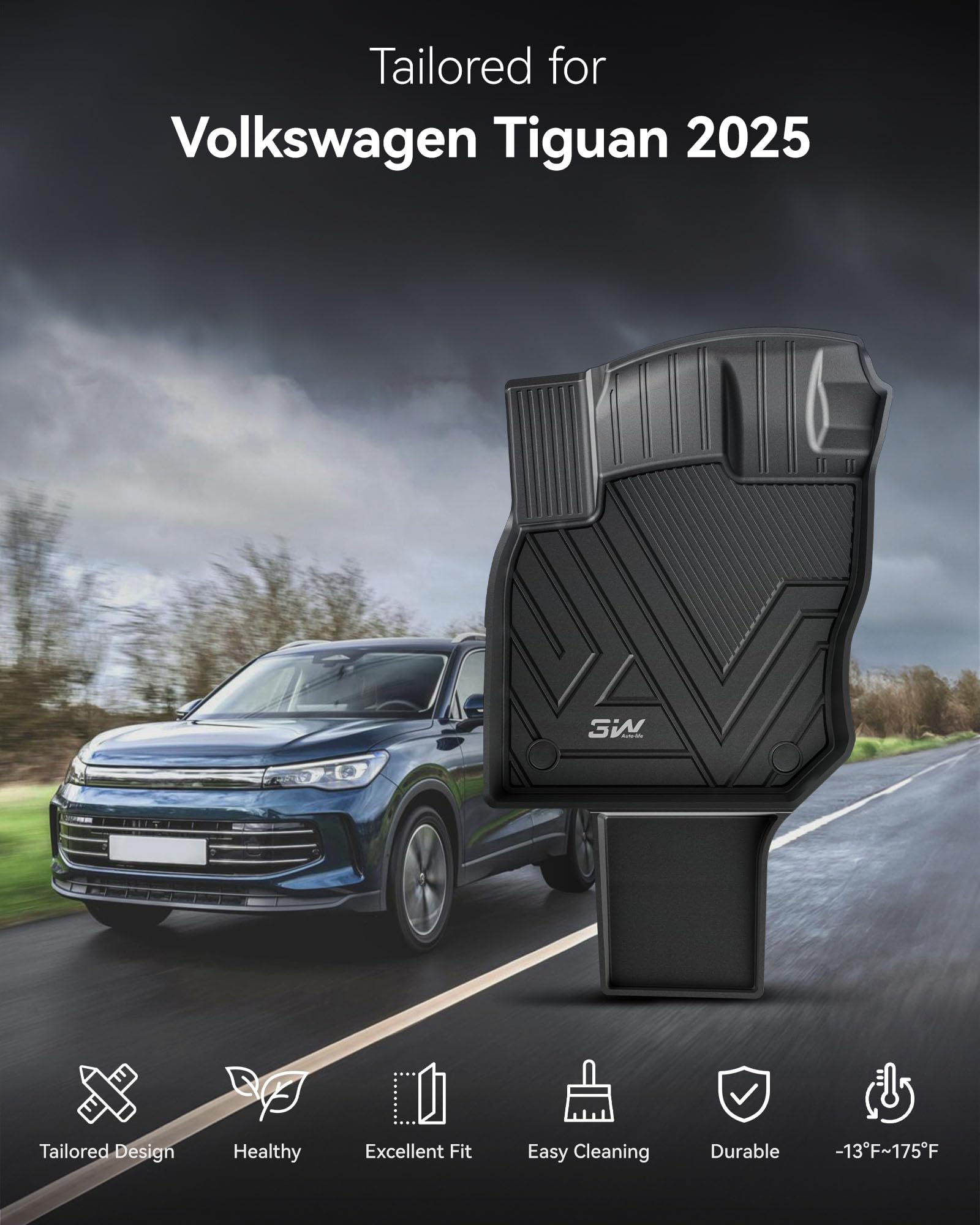 3W Dywaniki Samochodowe i Mata Bagażnika dla Volkswagen Tiguan 2025 (Tylko dla PHEV), Przewidywany Psów Mata Bagażnika, Dywany z Thorex™ Wszystkich Warunków Pogodowych, Antypoślizgowe, Wodoodporne