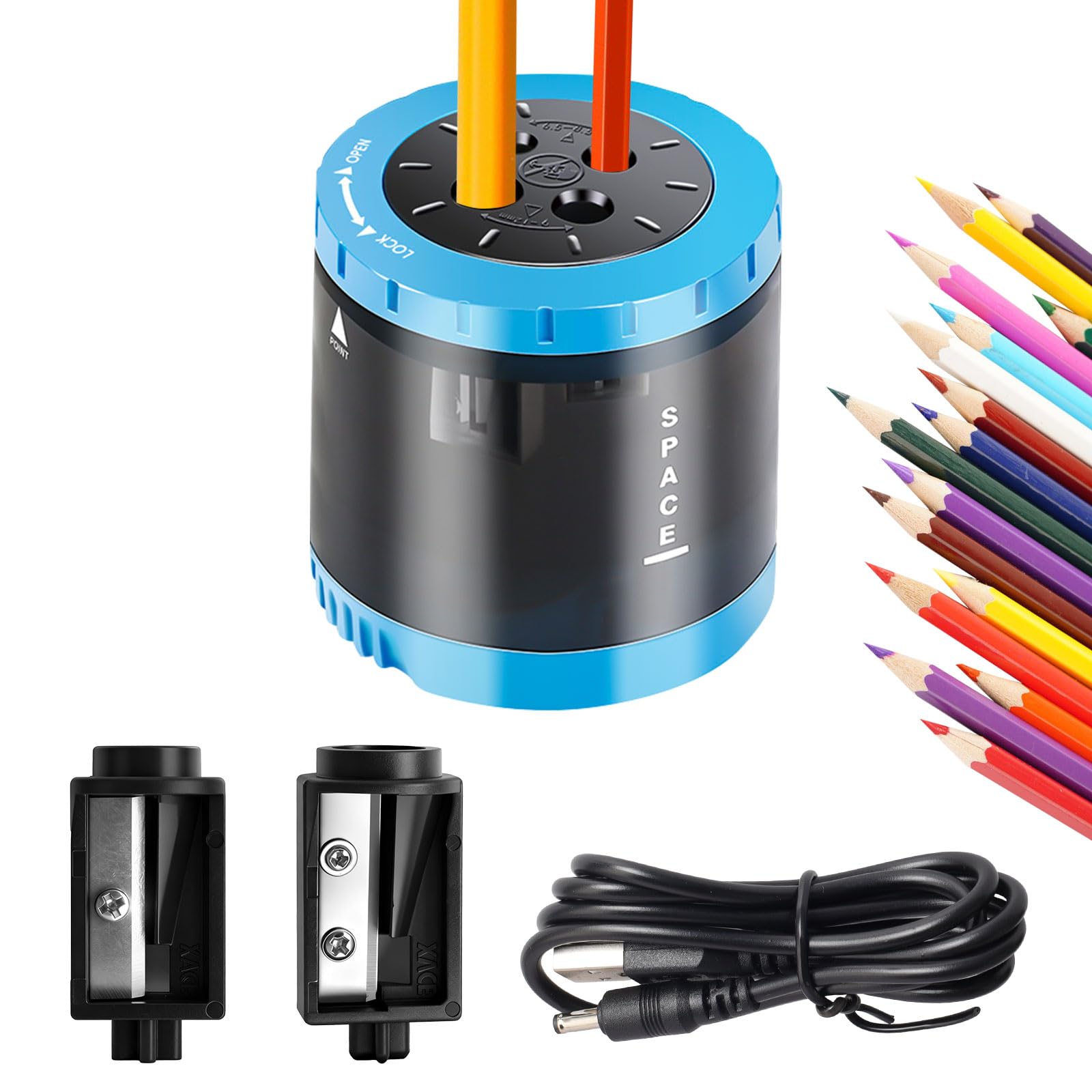 Temperamatite Elettrico Per Bambini, Temperamatite Elettrico Per 4 Misure (6-12 Mm), 4 Fori Per Matite Spesse E Sottili, Perfetto Per I Bambini In Ufficio O A Casa Blu