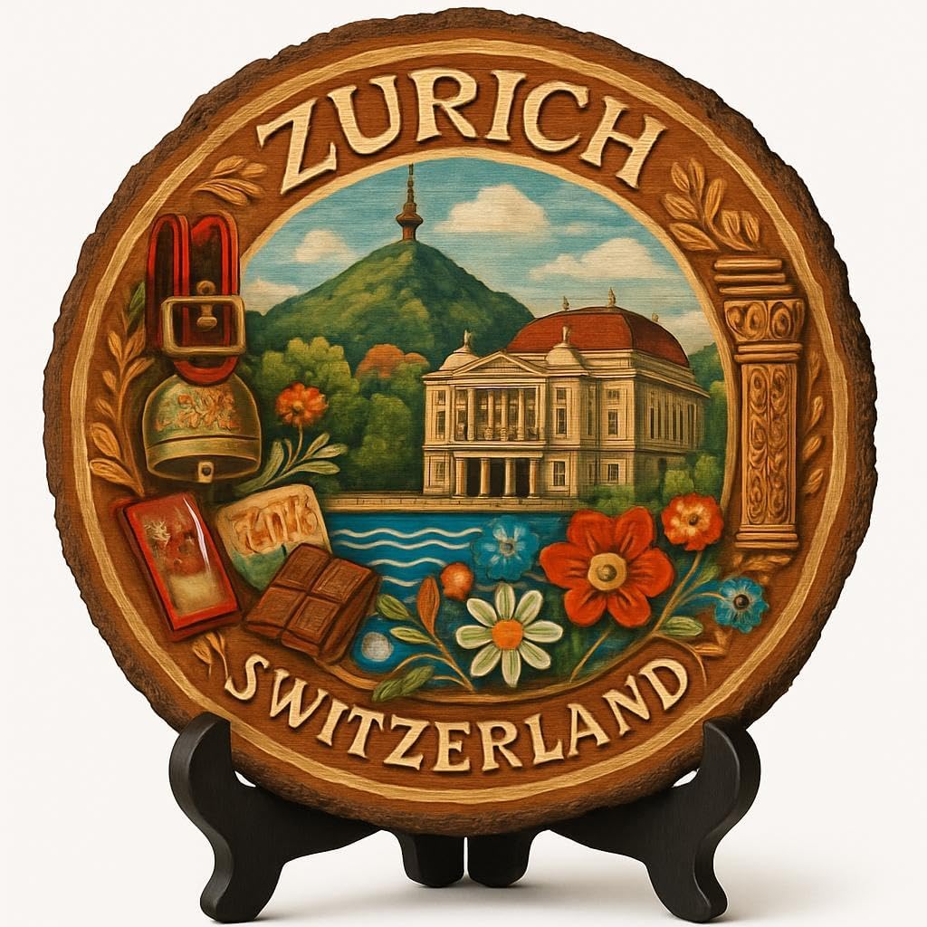 Zurich Souvenir Gift – Wood Slice Plaque for Wall or Table, Switzerland (Schweiz) Souvenir Gift for Tourists, Scenic Mountain Views Decorative Gift