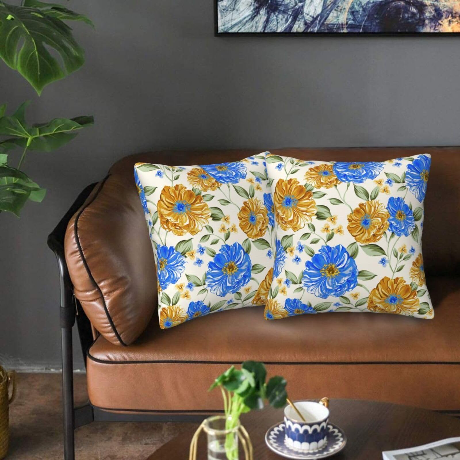 Blue and Yellow Floral Throw Pillow Covers 18x18 Inch Set of 2, Decorative Blue Gold Flowers Pillows, Modern Boho Square Cushion Covers for Office