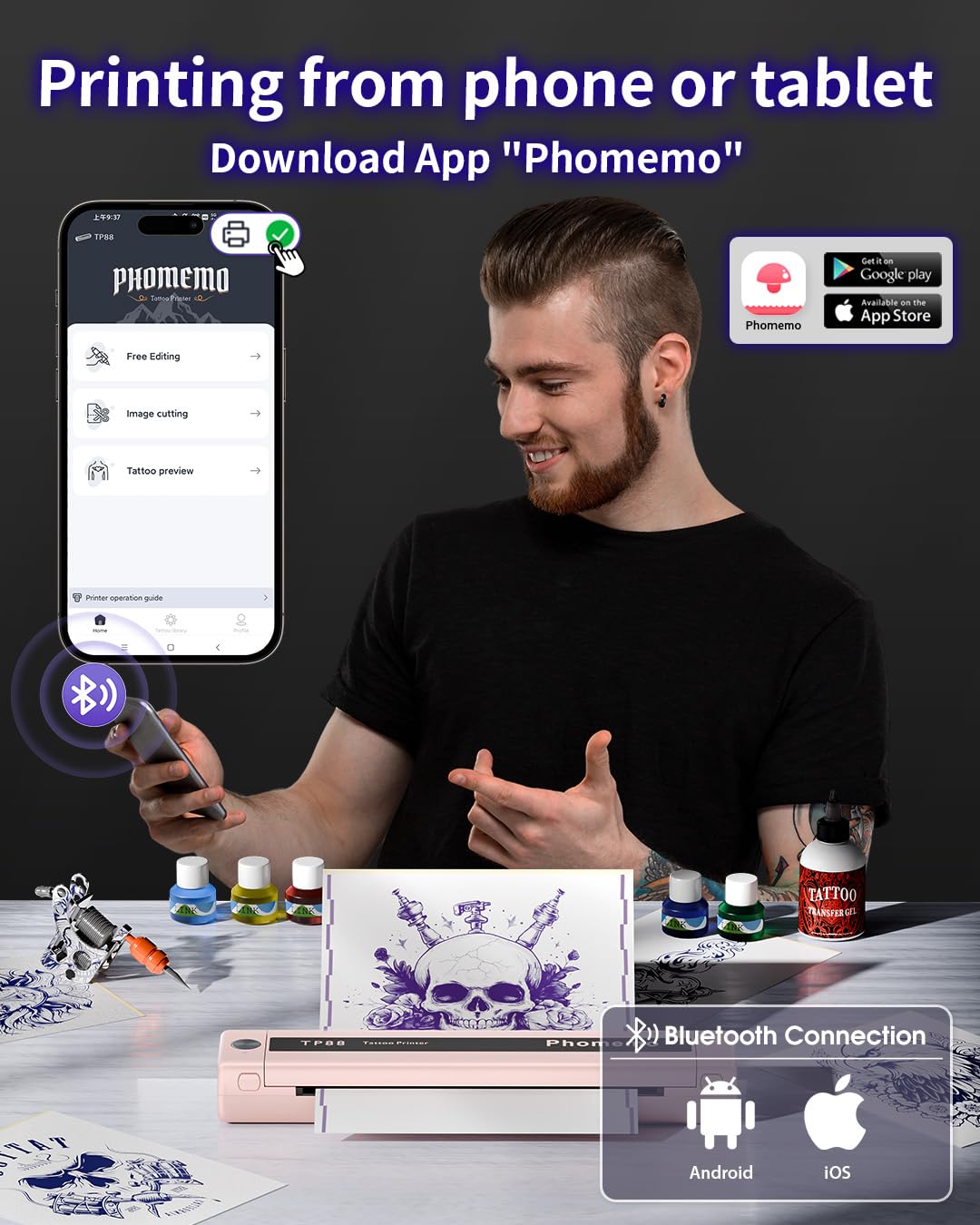 Phomemo Impresora de Tatuajes TP88 Impresora Térmica Tatuaje con 10 Plantillas A4 Papel de Transferencia de Papel de Transferencia Bluetooth Portátil Compatible con Smartphones, Tabletas y PC