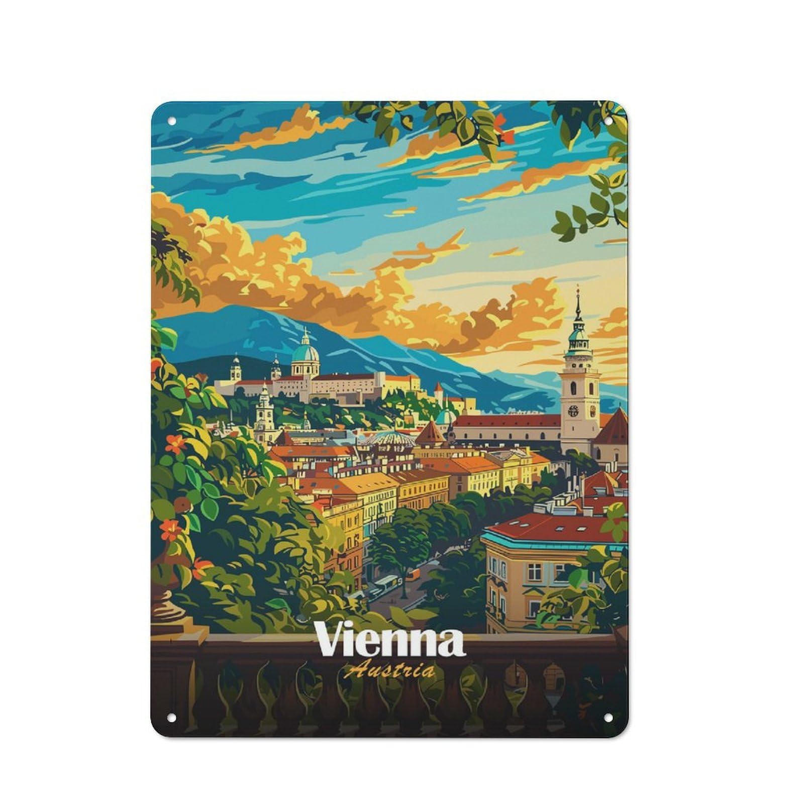 Tin Sign 40x30cm with Vienna Cityscape for Garage Wall, Retro-style Decor, for Room Styling Across Garages And Workshops