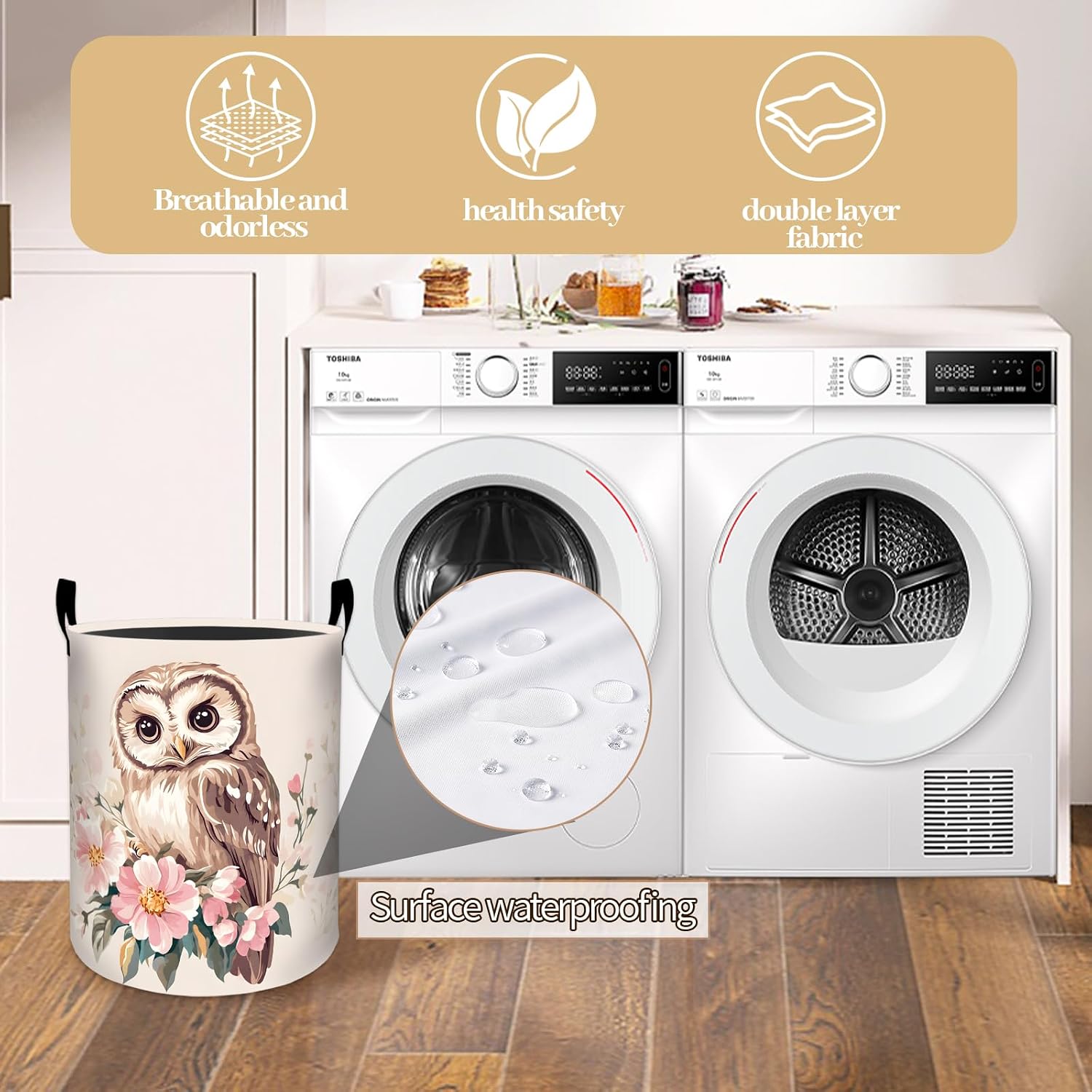 Cute Owl Laundry Basket, Dorm Foldable Floral Bird Laundry Hamper Organizer for Bathroom Decor Bedroom, Clothes Woodland Animal Storage Box Gifts for Women Girls 19.7x15.7 Inch