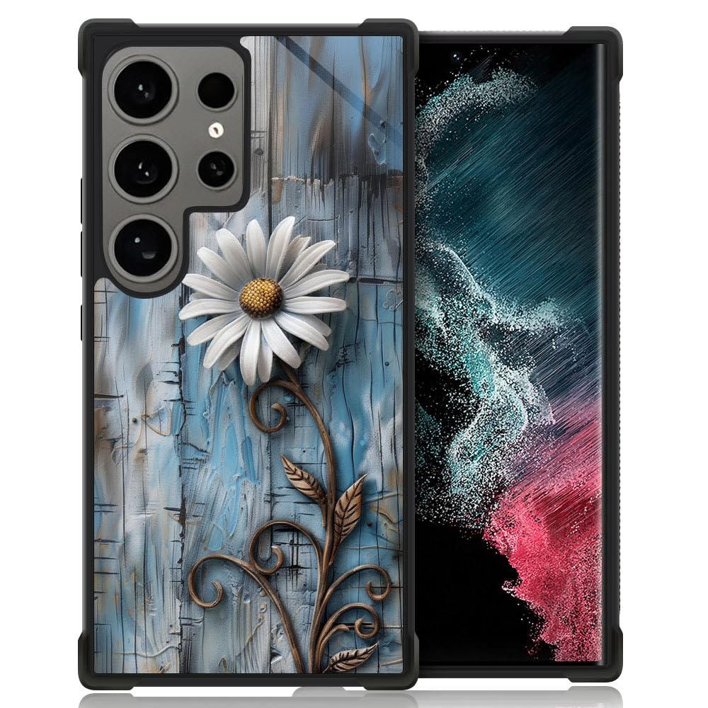 CARLOCA Case for Samsung Galaxy S22 Ultra,Wood Grain Daisy Flowers Galaxy S22 Ultra for Men Woman Boy Girl,Anti-Scratch Soft TPU Design Shockproof