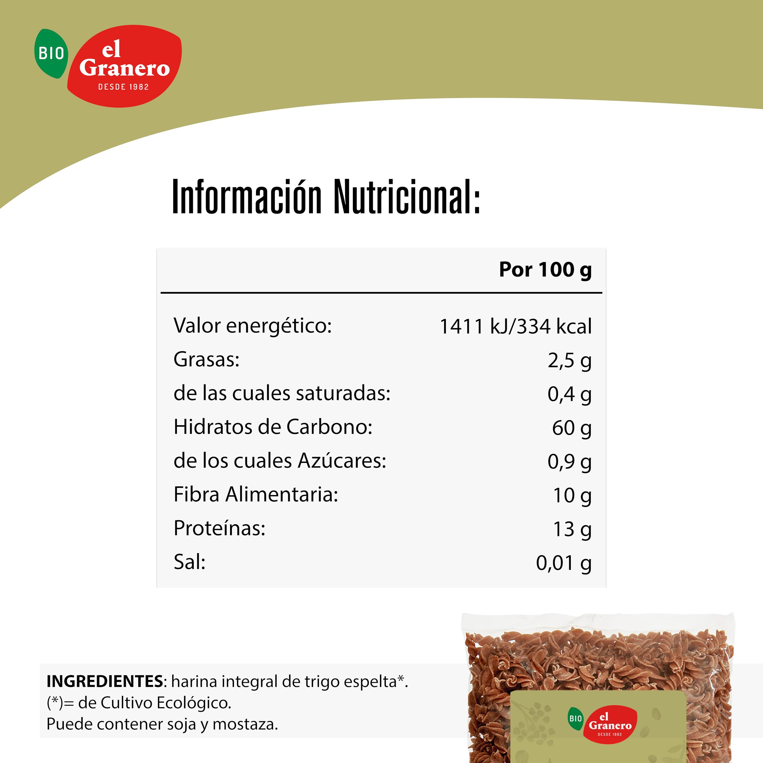 El Granero Integral - Fusilli de Trigo Espelta Integral BIO - 500 g - Fuente Rica en Proteínas - Alto Aporte Energético - Ideal para Todas las Recetas de Pasta - Apto para Veganos