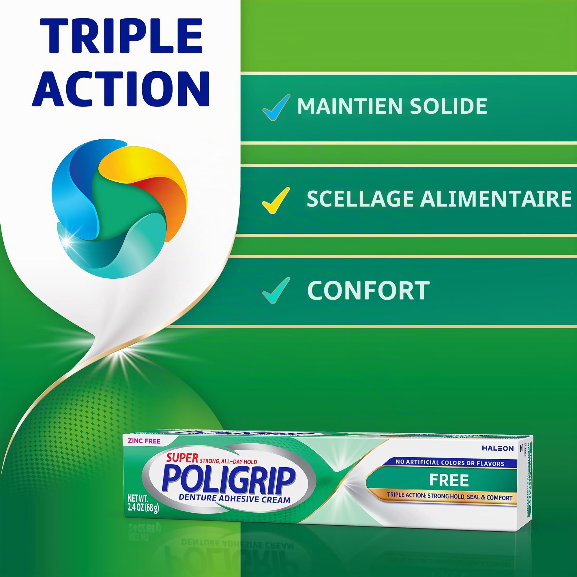 Super Poligrip Lot de 4 crèmes adhésives pour prothèses dentaires et partielles sans zinc 68 g