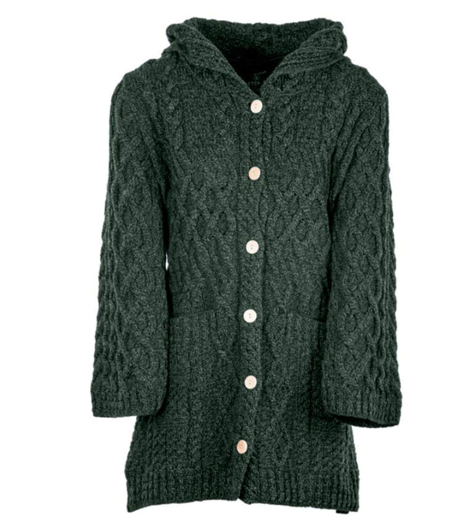 Cárdigan largo de lana merino, tejido irlandés, con botones para mujer, con capucha y bolsillos delanteros, fabricado en Irlanda