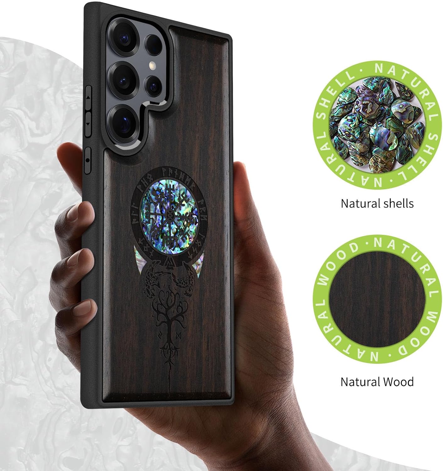 Carveit Magnetic Wooden Case for Samsung Galaxy S25 Ultra Case, Wood Artisan Engraved & Handmade Shell Inlaid, Compatible with MagSafe Wireless Chargers (Viking Symbol) Blackwood
