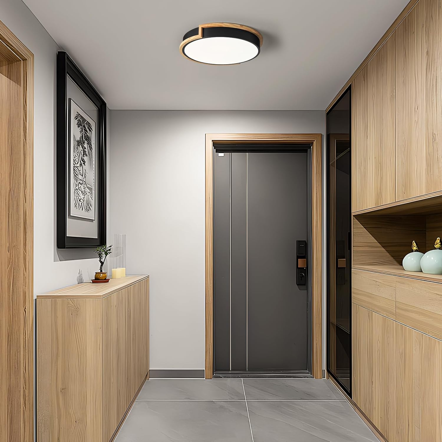 Modern LED Close to Ceiling Light, Round Flush Mount Ceiling Lighting Fixture, Matte Black with Wood Accent, Minimalist Kitchen Light Fixtures for Bedroom, Entryway, Living Room, 15.8in