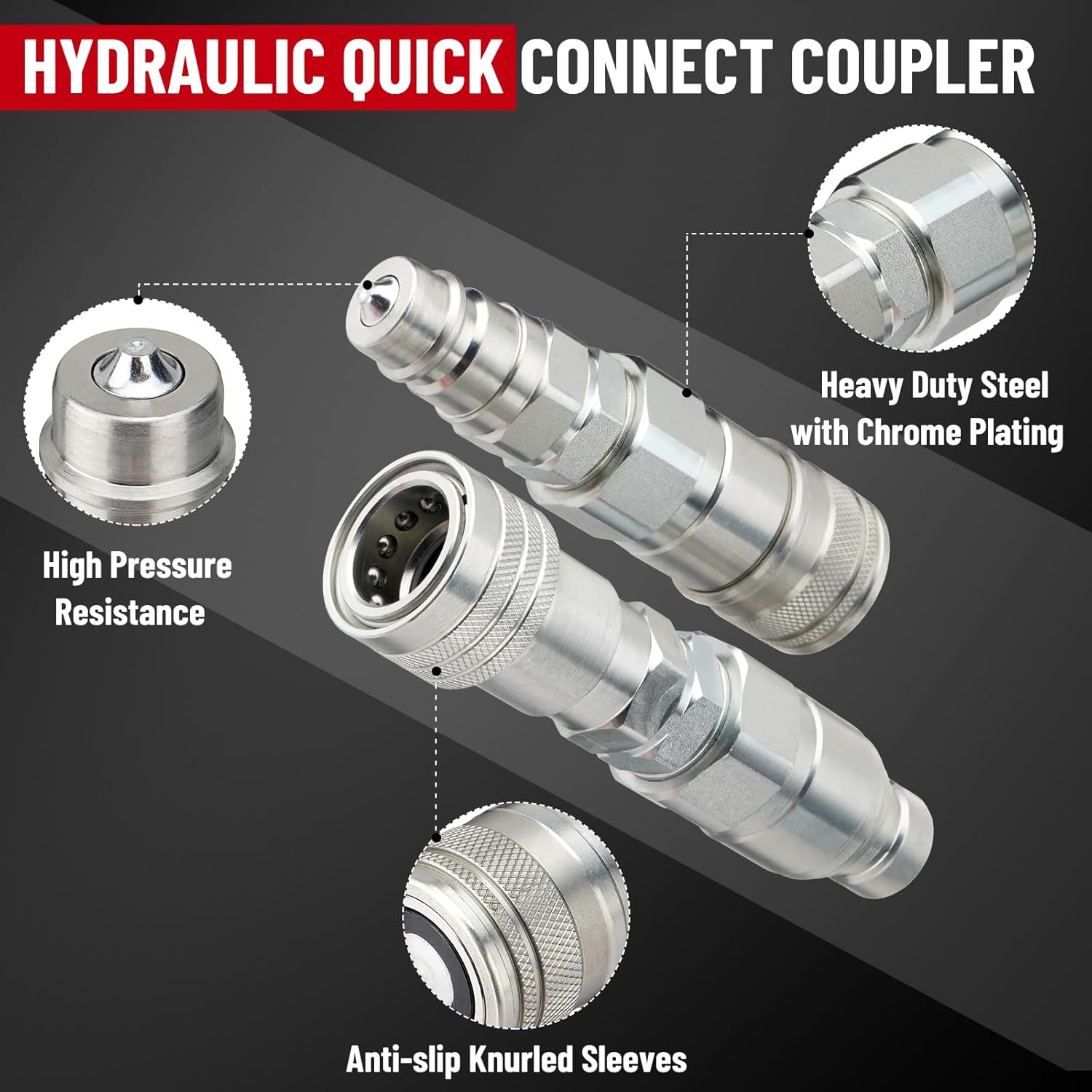 1/2" Flat Face ISO 16028 to Ag ISO 5675 Pioneer Style Hydraulic Quick Connect Coupler, Skid Steer Hydraulic Coupling Adapter w/Dust Cap