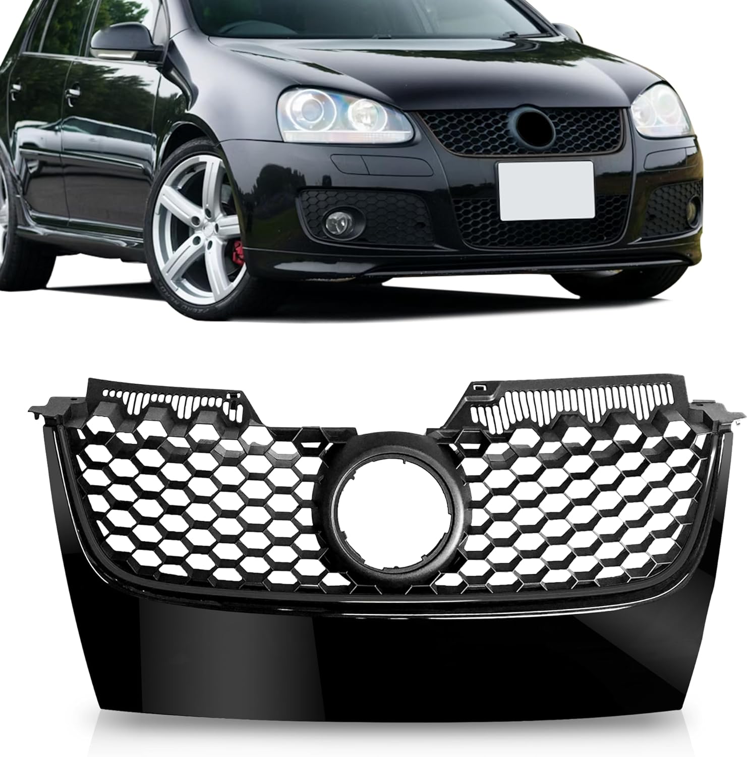 PartsFlow Glossy Black Badgeless Hex Mesh Grill Grille For 2006 2007 2008 2009 Volkswagen MK5 JETTA GLI GTI