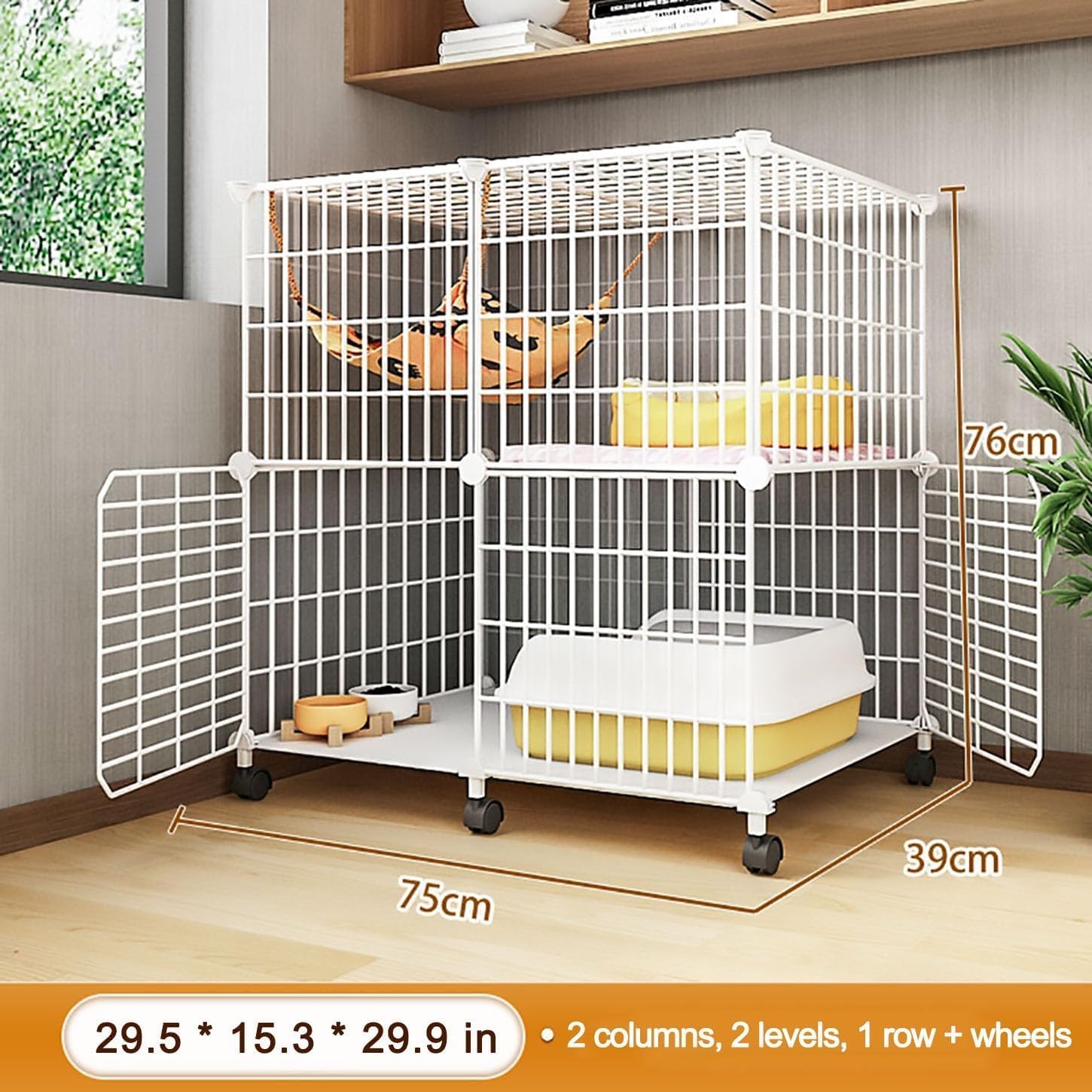 JITEM 2/3 Tier Metal Wire Cat Cage on Wheels Indoor Pet Kitten Ferret Chinchilla Enclosure Large Playpen Kennel for 1-2 Cats, Easy to Assemble Cattery, White