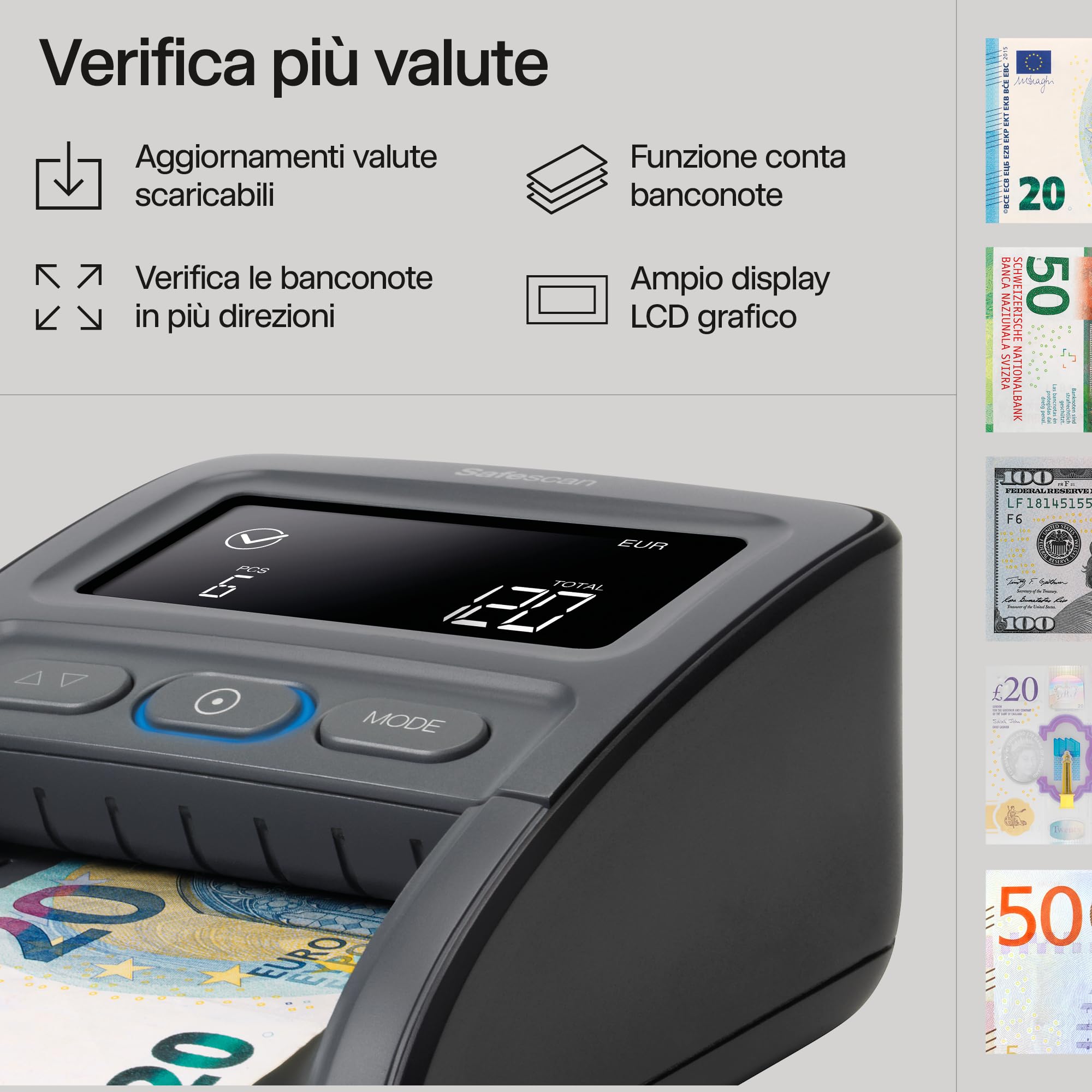 Safescan 155-S Verifica banconote false automatico che verifica rapidamente le banconote, Verificatore del falso a 7 punti, Accurato Verifica banconote al 100%