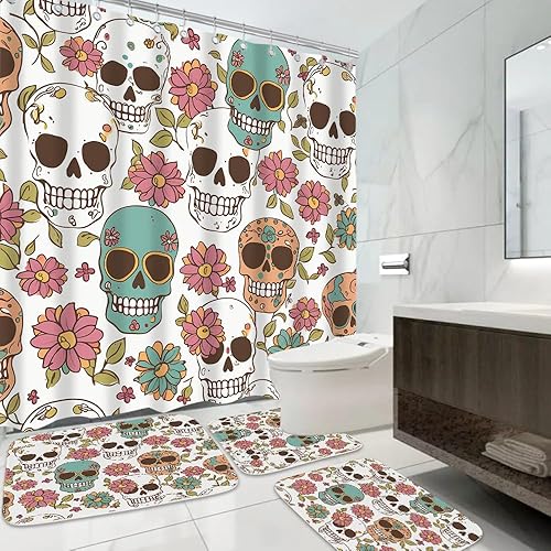 Miniatura 4 de TheBlackSpot Juego de cortinas de ducha con diseño floral de calavera de azúcar de 72 x 72 pulgadas con alfombra de baño de Halloween de espuma