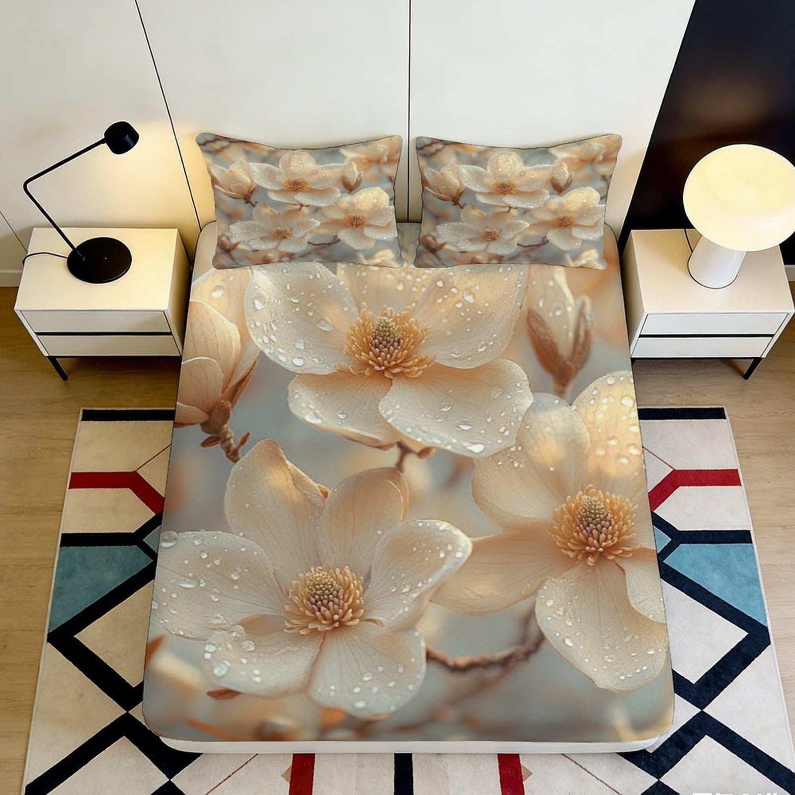 Jqzkxnhpbr Style-8 3D Printed Magnolia Floral Fitted Sheet Microfiber Soft Beige Bedroom Decor Blossom Bed Cover For Adults Teens 90X200x25cm