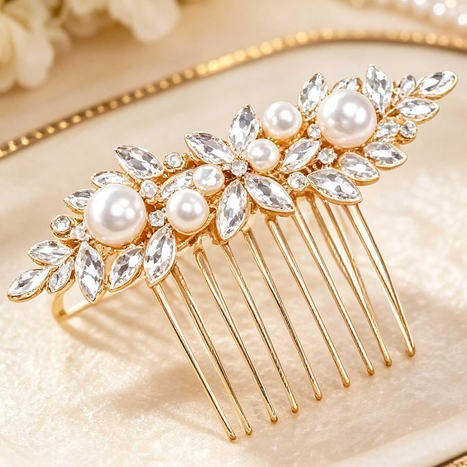Olbye Rhinestone Flower Hair Comb Silver Wedding Hair Pieces for Brides Sparkly Pearls Decorative Bridal Headpieces Crystal Formal Prom Hair Jewelry Bride Hair Accessories for Women (Gold A)