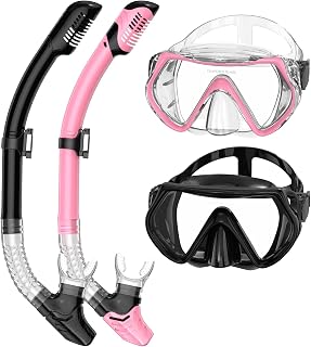 Snorkeling Gear for Adults, Dry-Top Snorkel Set Scuba Diving mask, Snorkel Mask， Black Pink