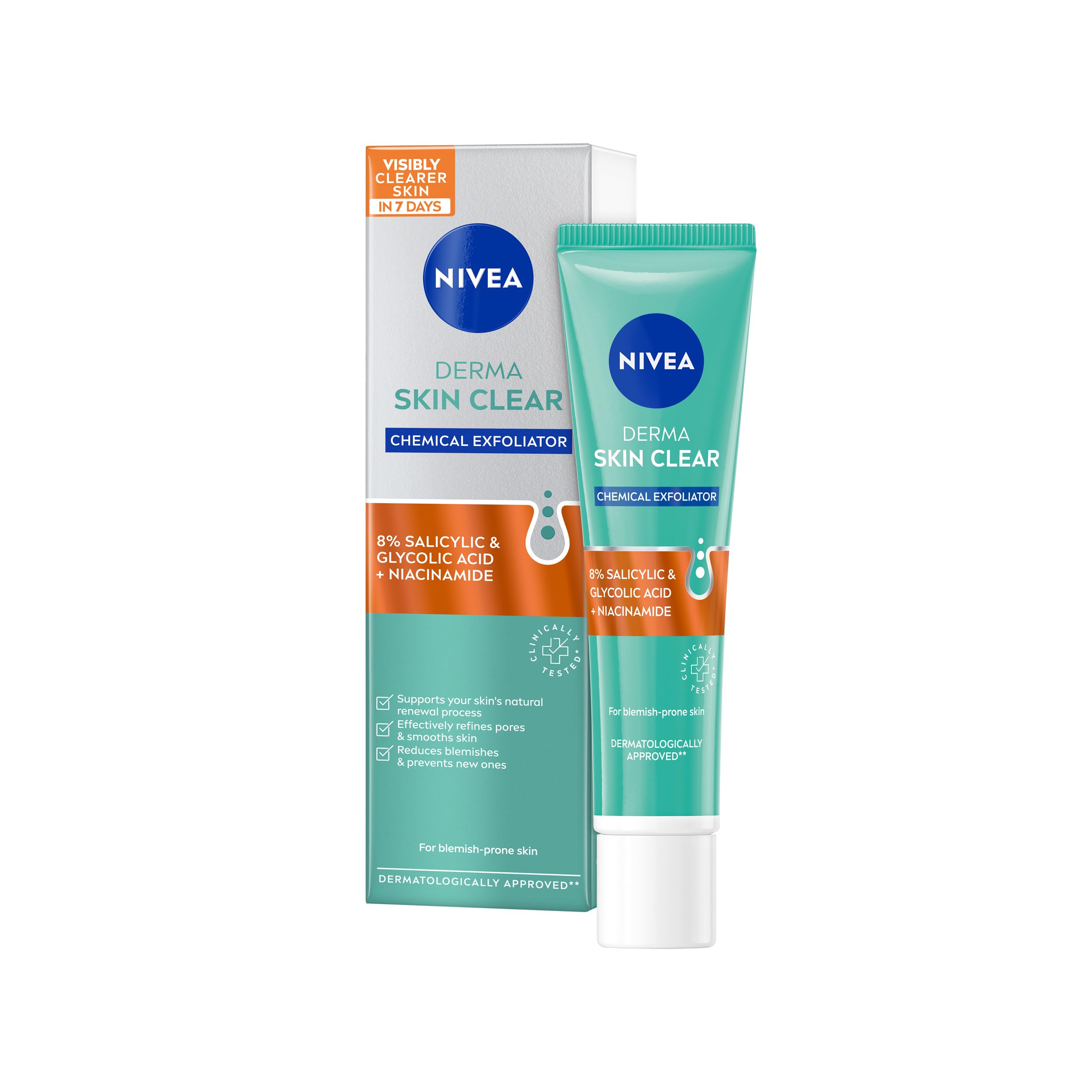 NIVEA Derma Skin Clear Chemical Exfoliator (40ml), Liquid Exfoliator Made with 8% Salicylic Acid, Glycolic Acid, and Niacinamide, to Visibly Reduce and Prevent Blemishes