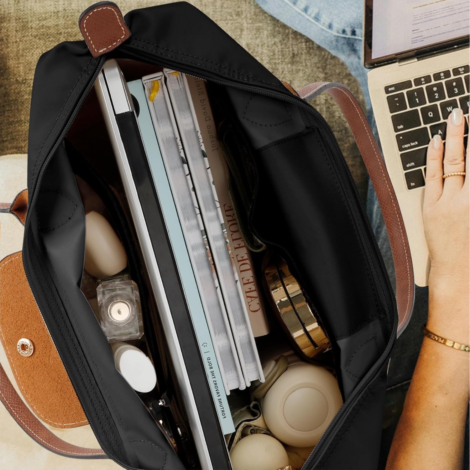 Tote Bag for Women with Purse Organizer Insert, Foldable Waterproof Nylon Bag for Travel, and Daily Use,Medium Size.